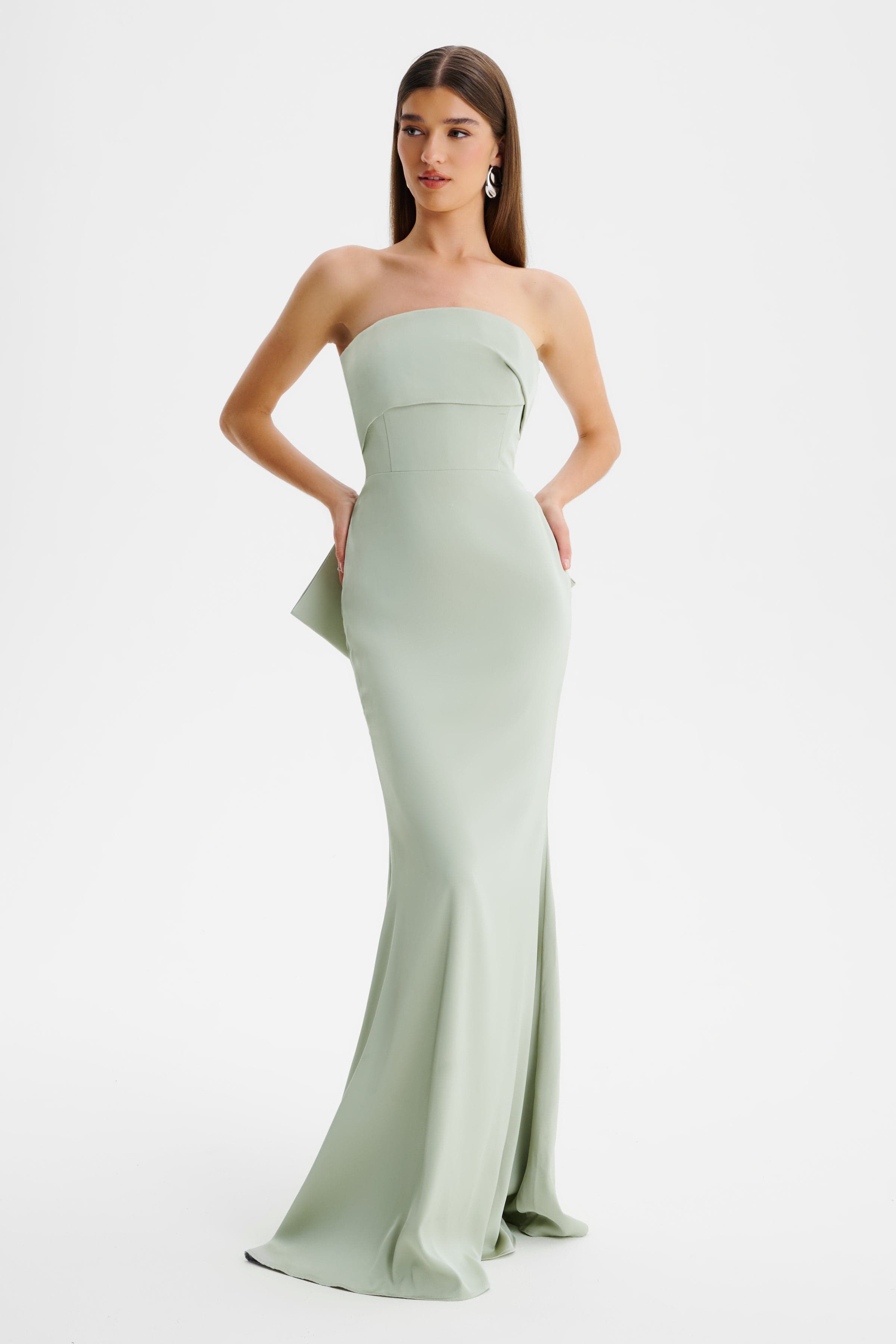 JOVIE Bow Detail Bandeau Satin Maxi Dress in Sage Green