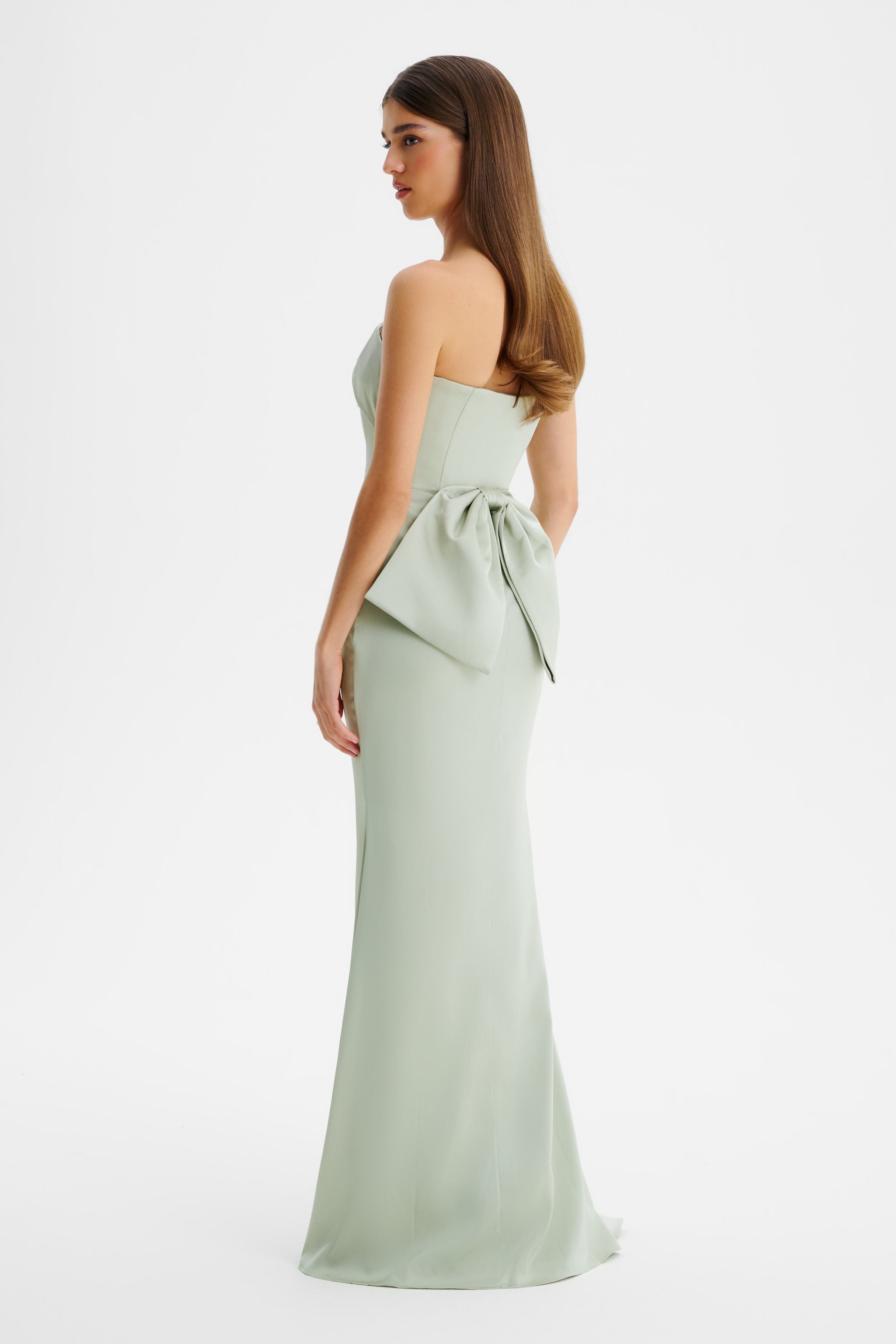 JOVIE Bow Detail Bandeau Satin Maxi Dress in Sage Green