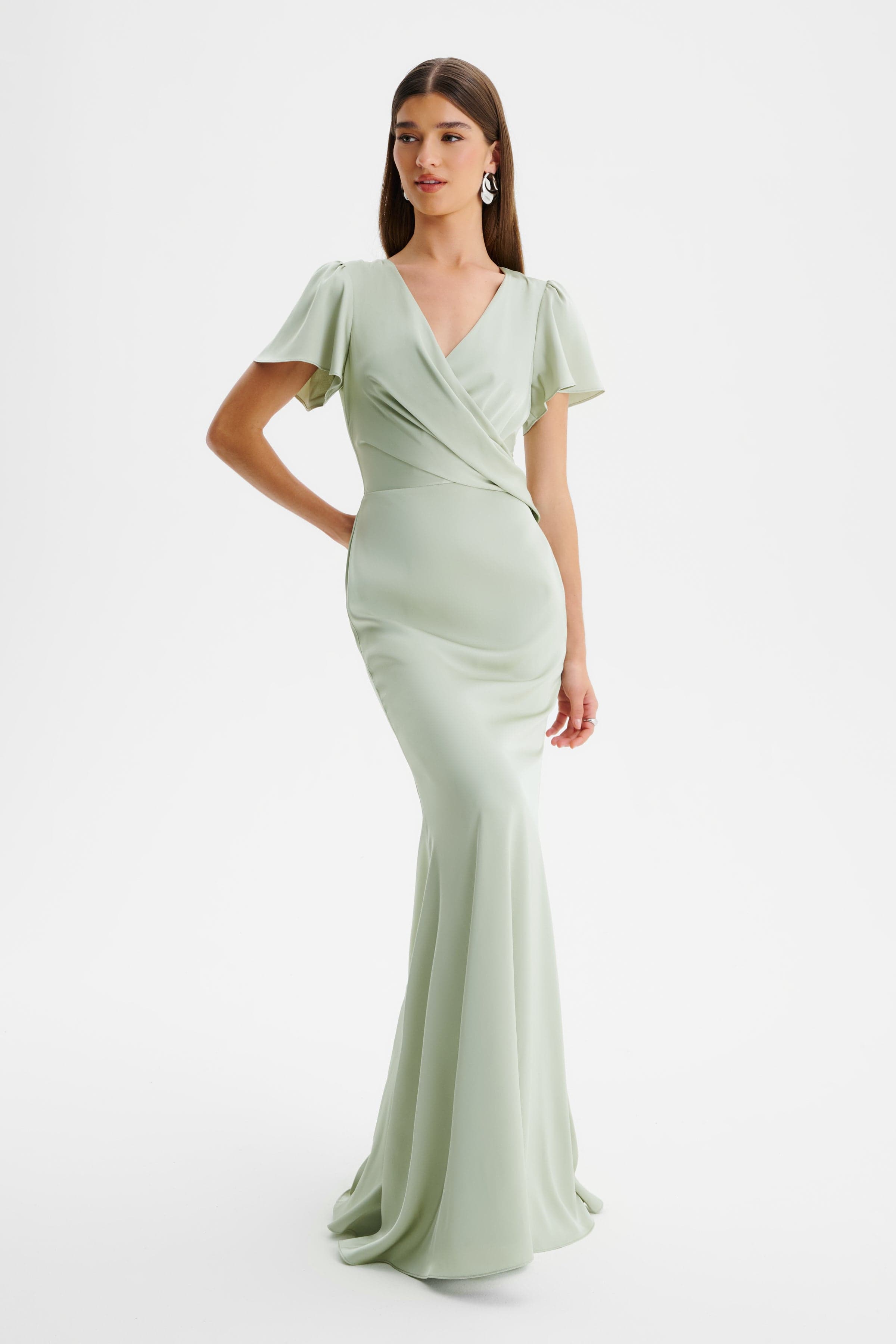 BEAU Draped Wrap Satin Maxi Dress with Sleeves in Sage Green