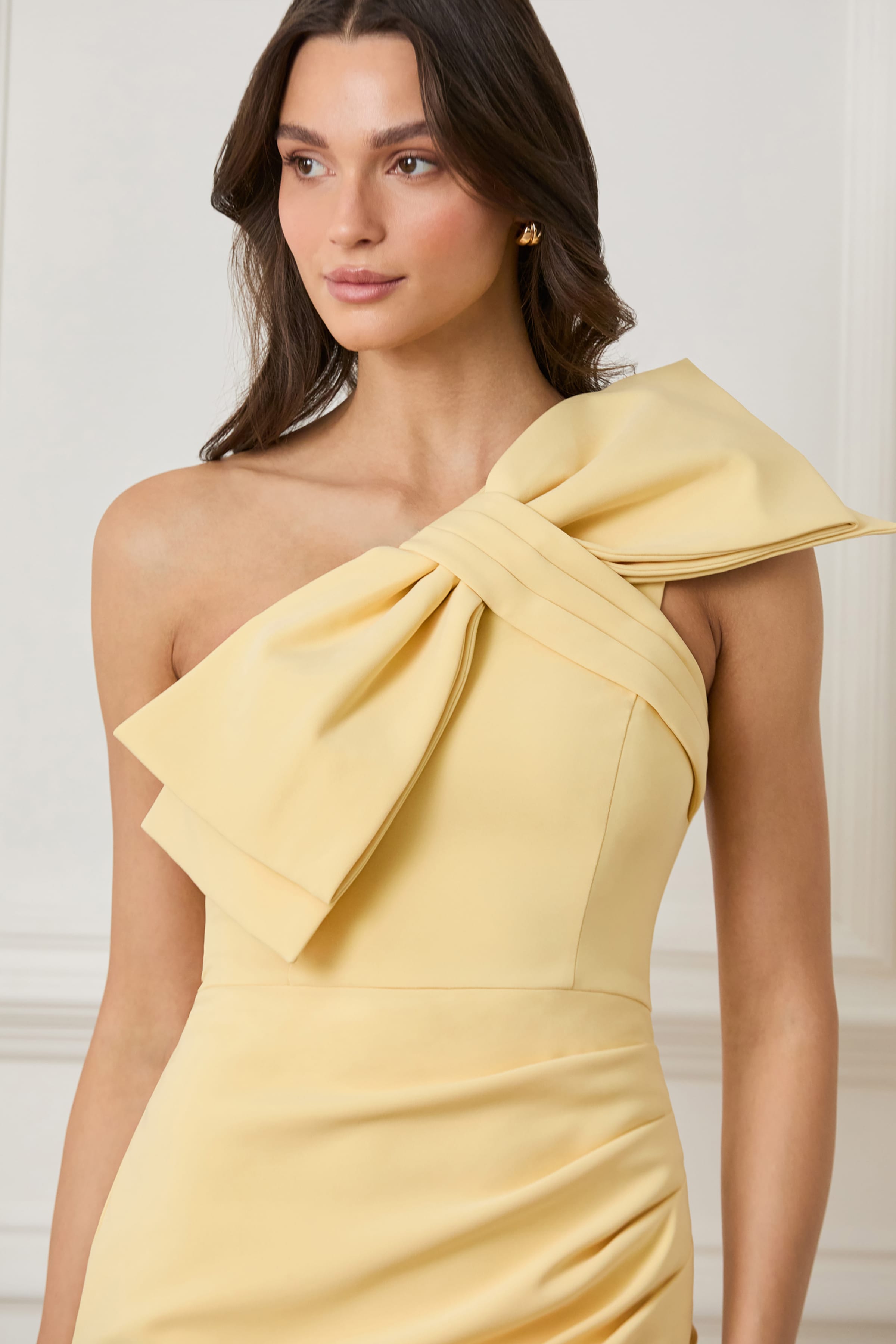 LUELLA One Shoulder Statement Bow Midi Dress in Yellow
