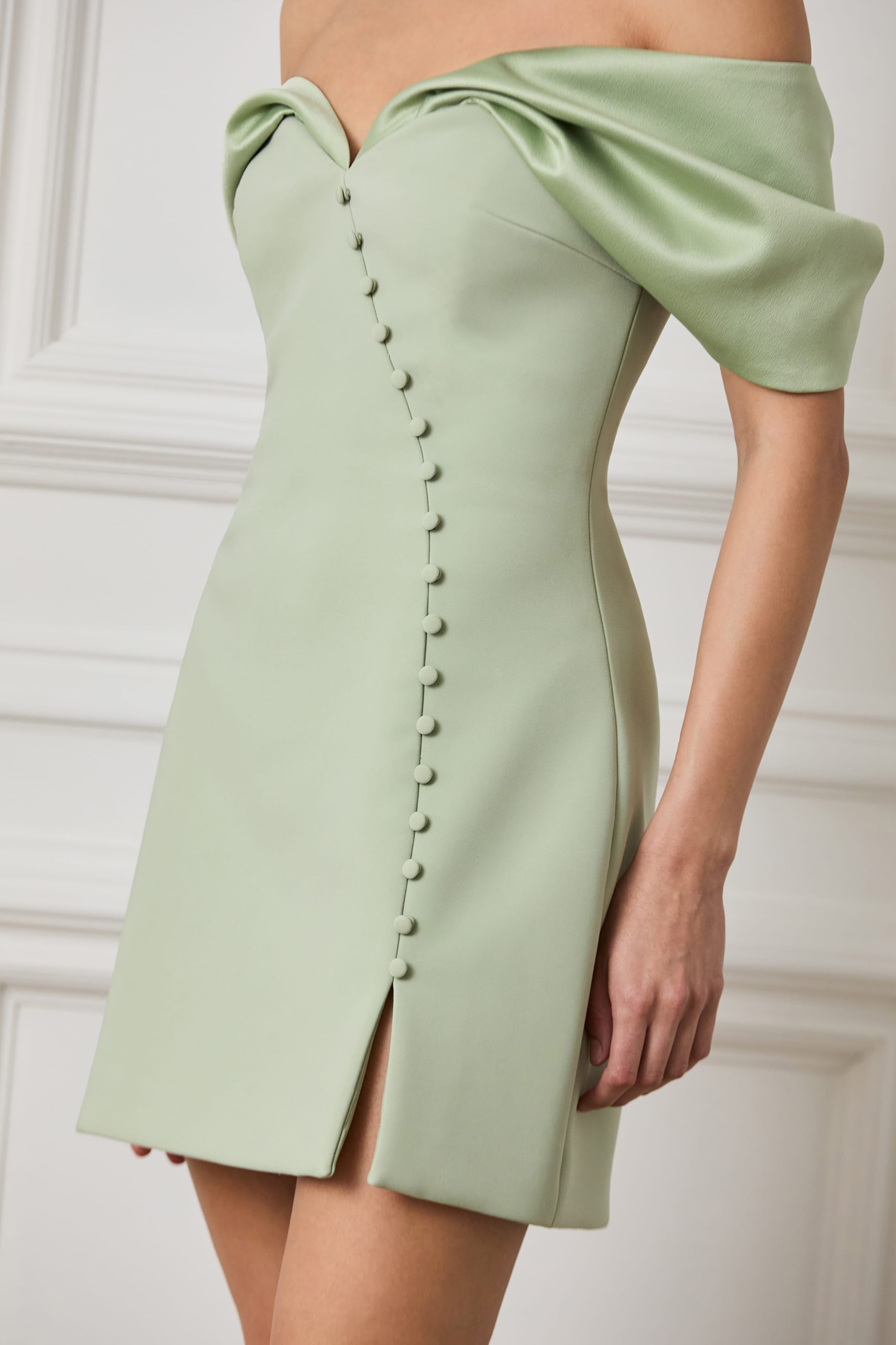 ODESSA Satin Contrast Off Shoulder Mini Tulip Dress in Sage Green