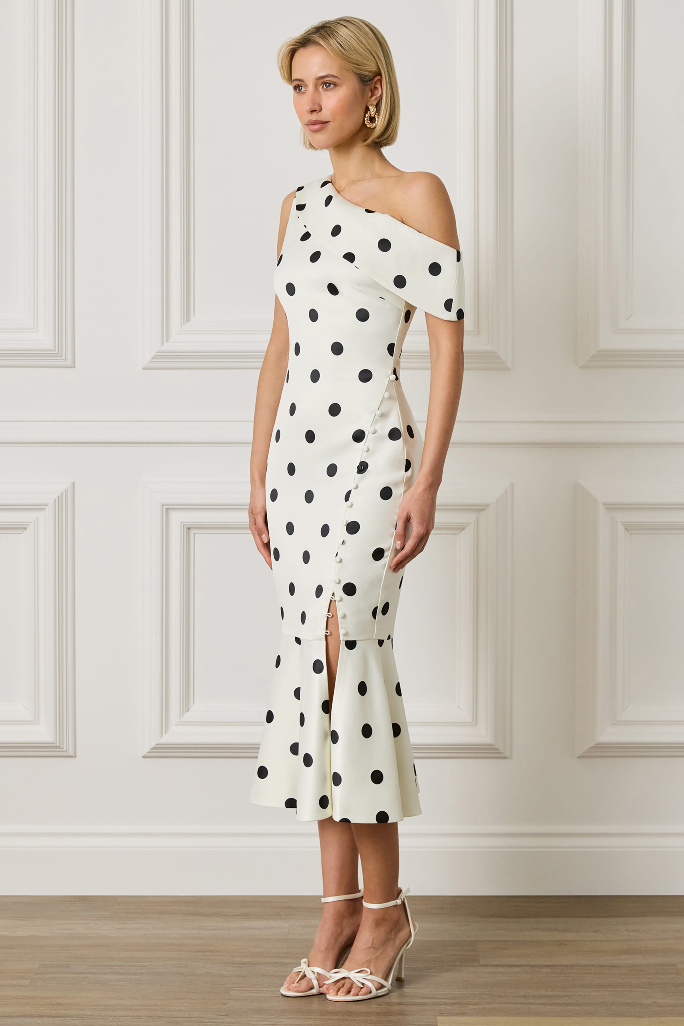 ELBA One Shoulder Satin Fluted Midi Dress In Polka Dot Print