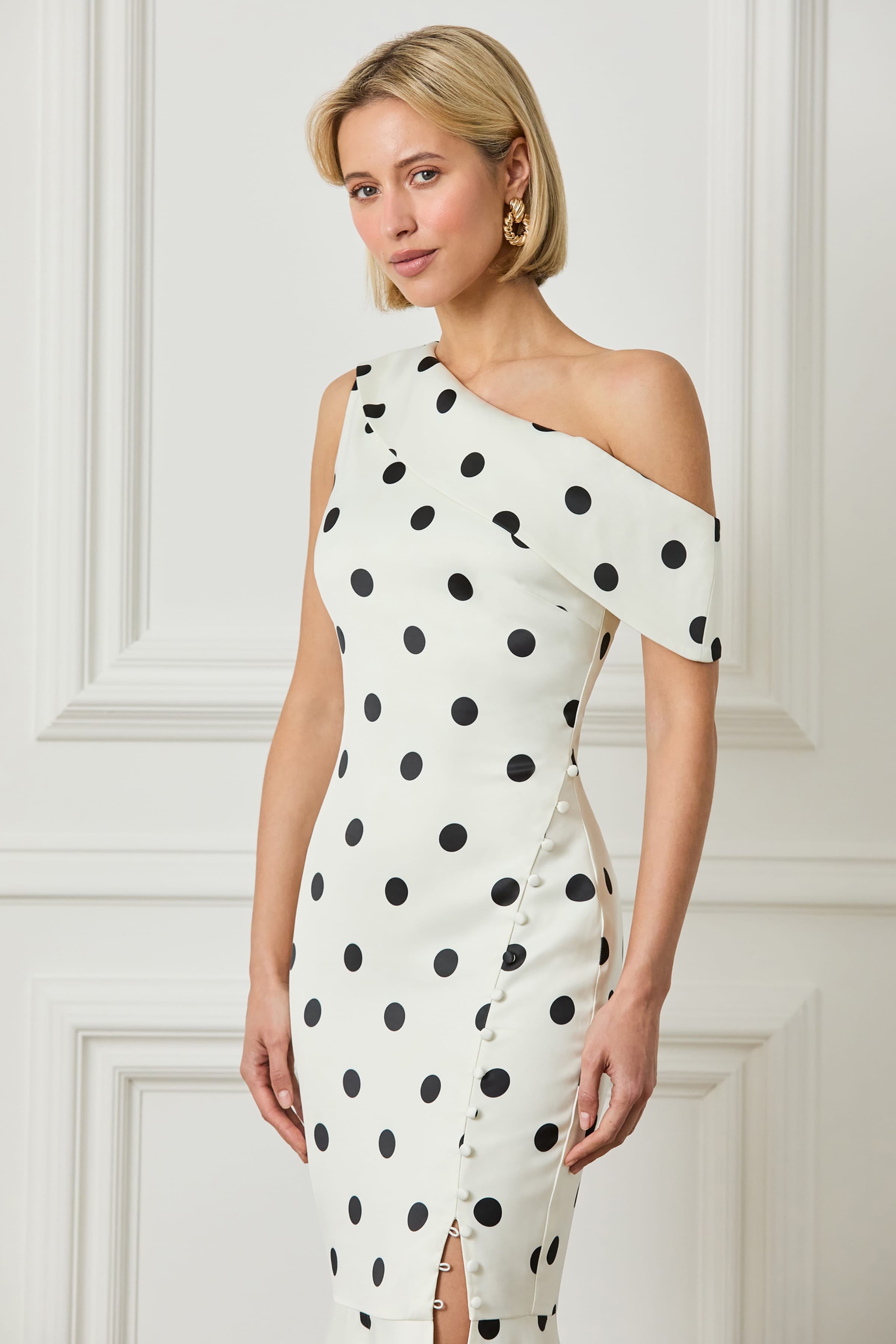 ELBA One Shoulder Satin Fluted Midi Dress In Polka Dot Print