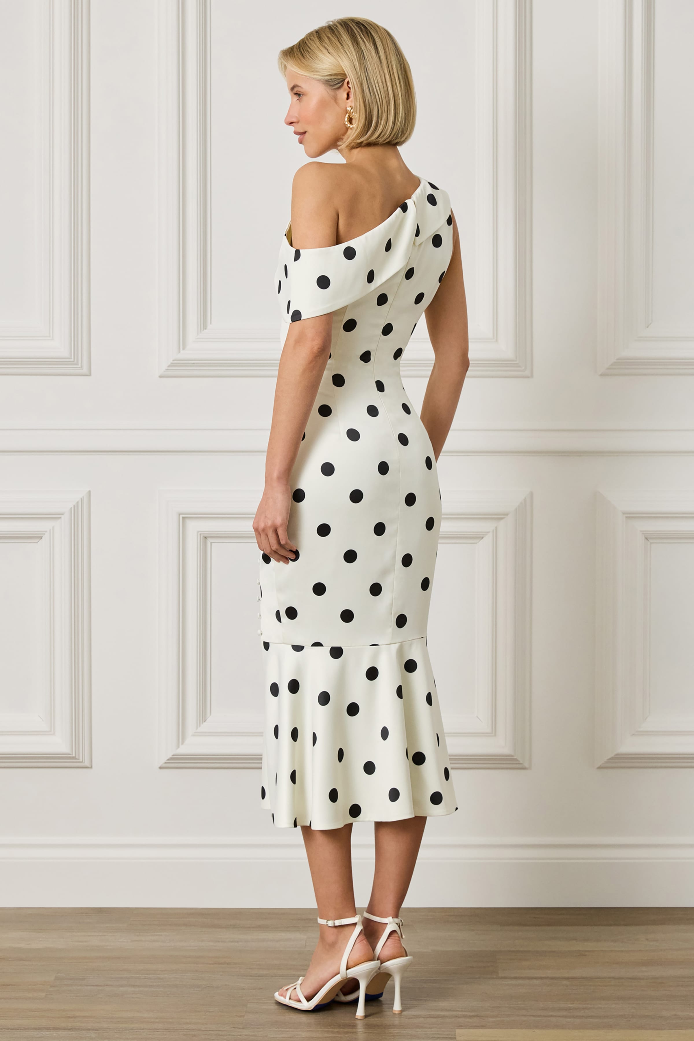 ELBA One Shoulder Satin Fluted Midi Dress In Polka Dot Print