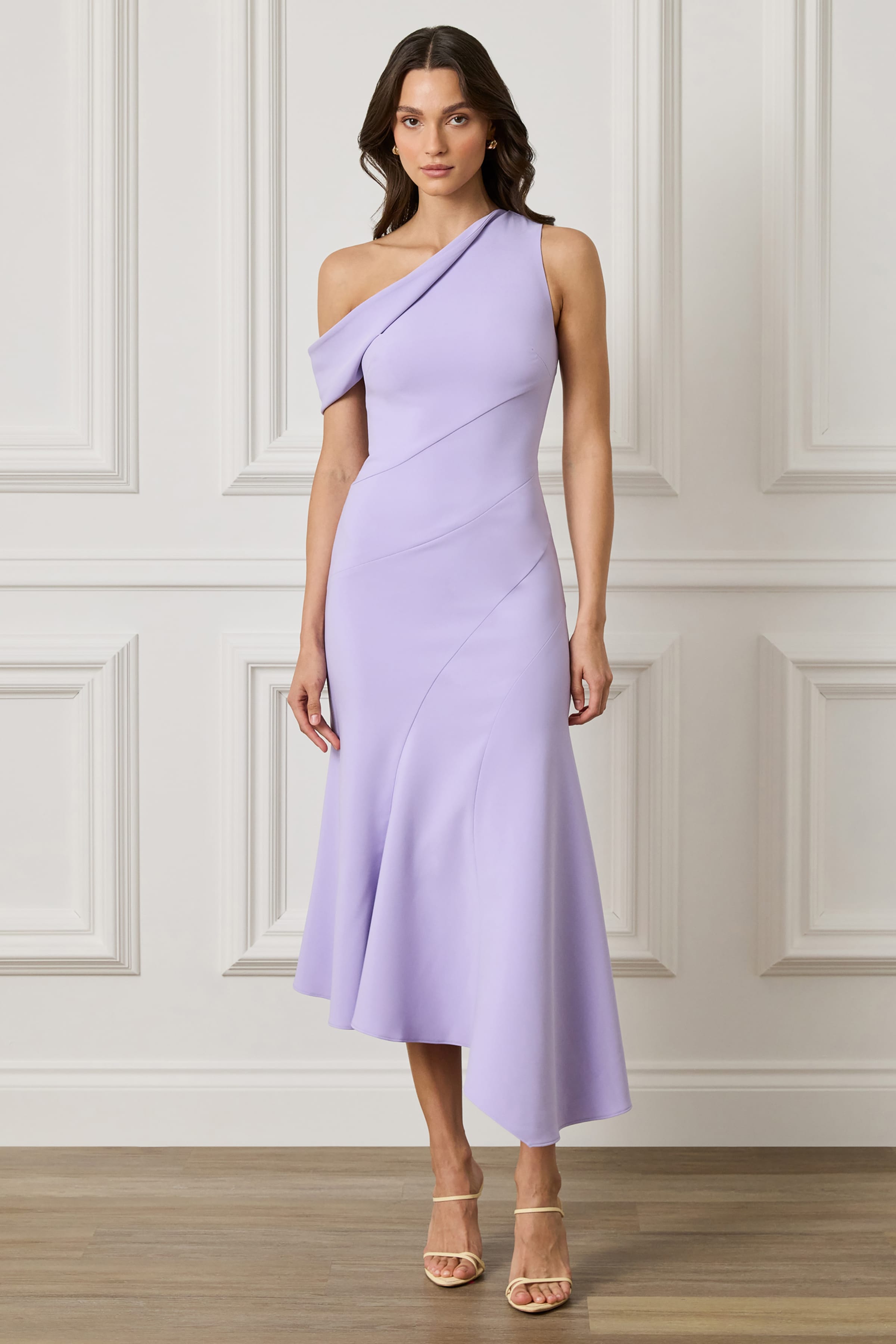 LEANNA One Shoulder Asymmetric Draped Hem Midi Dress In Lilac