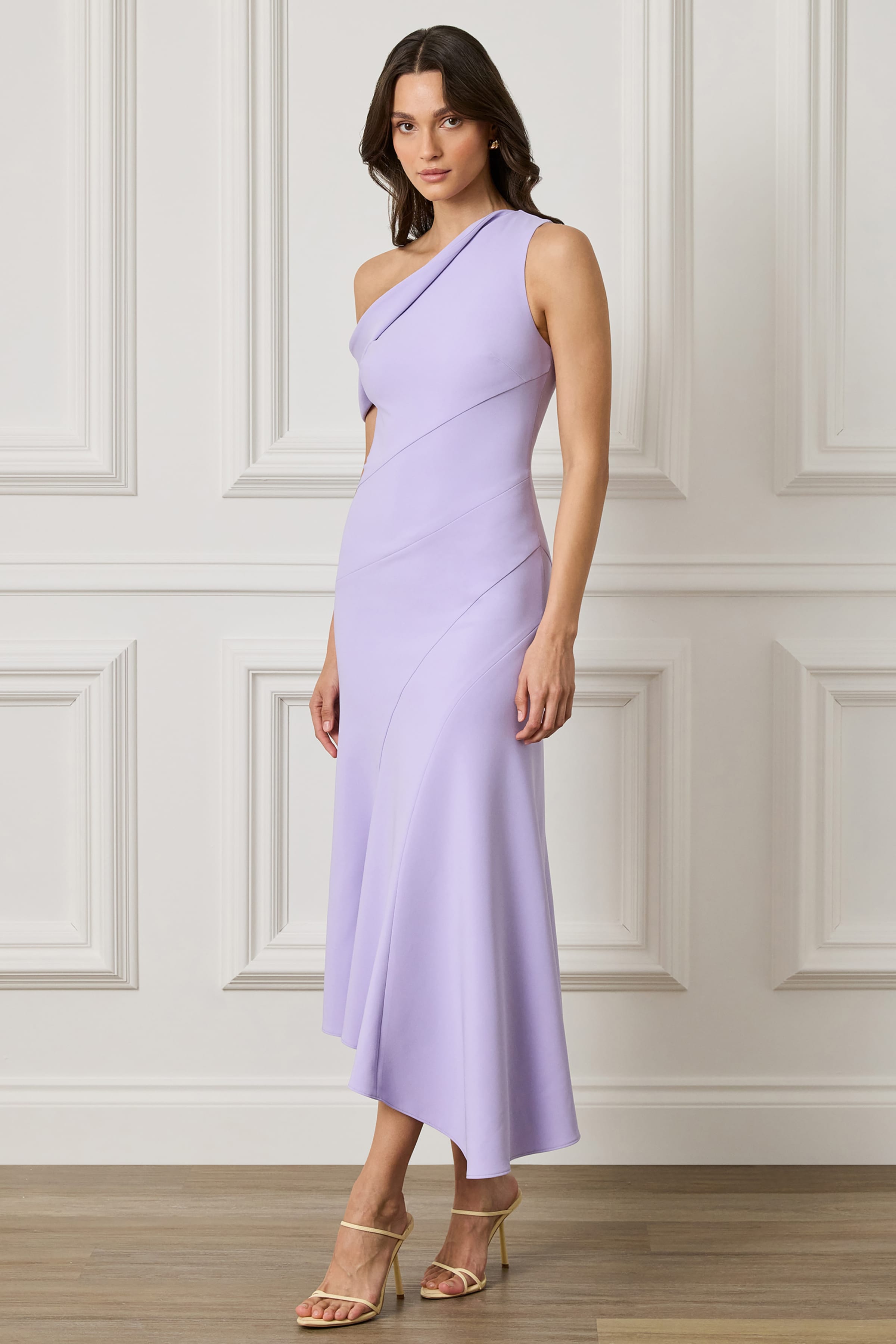 LEANNA One Shoulder Asymmetric Draped Hem Midi Dress In Lilac