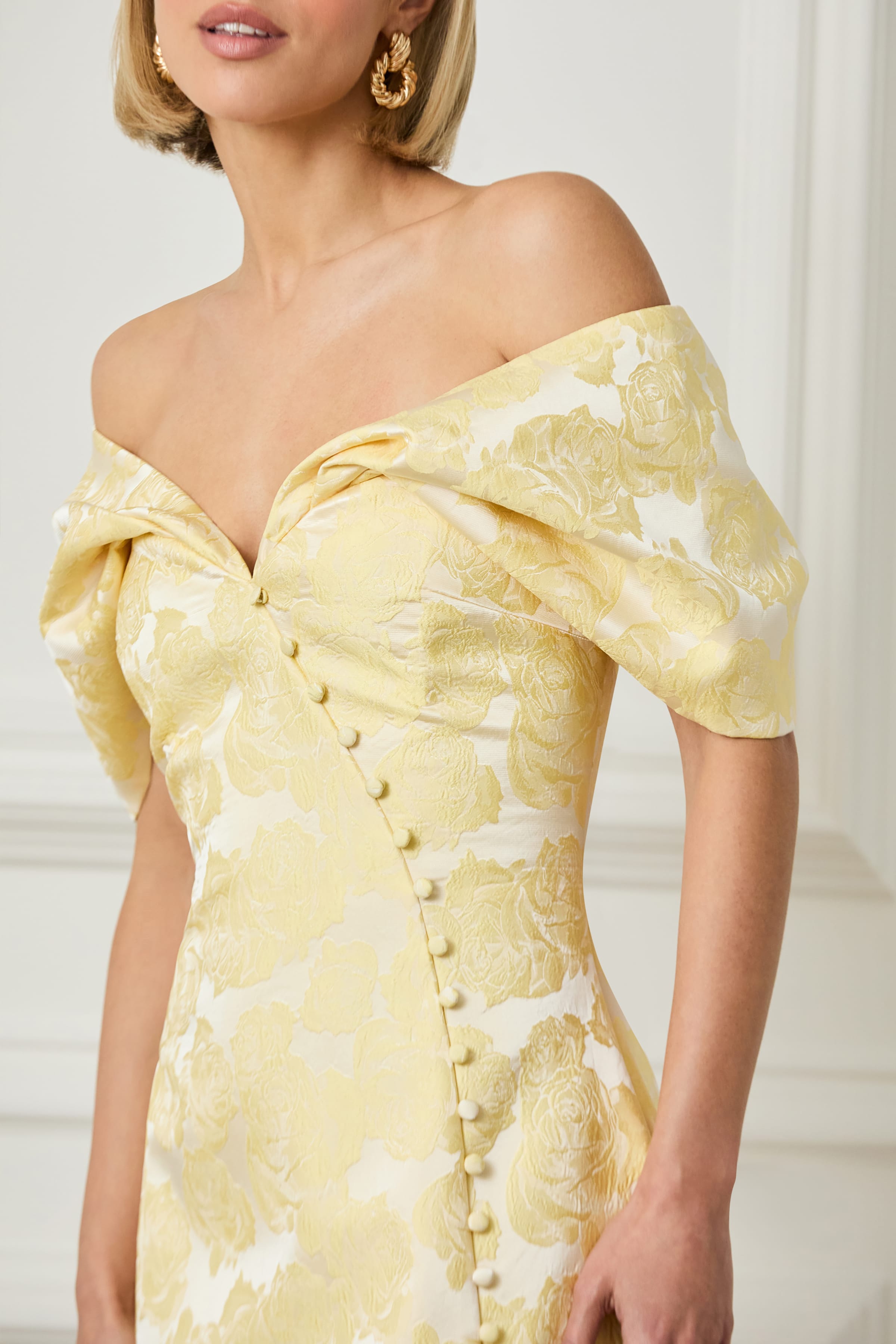 ODESSA Textured Jacquard Off Shoulder Mini Tulip Dress in Yellow