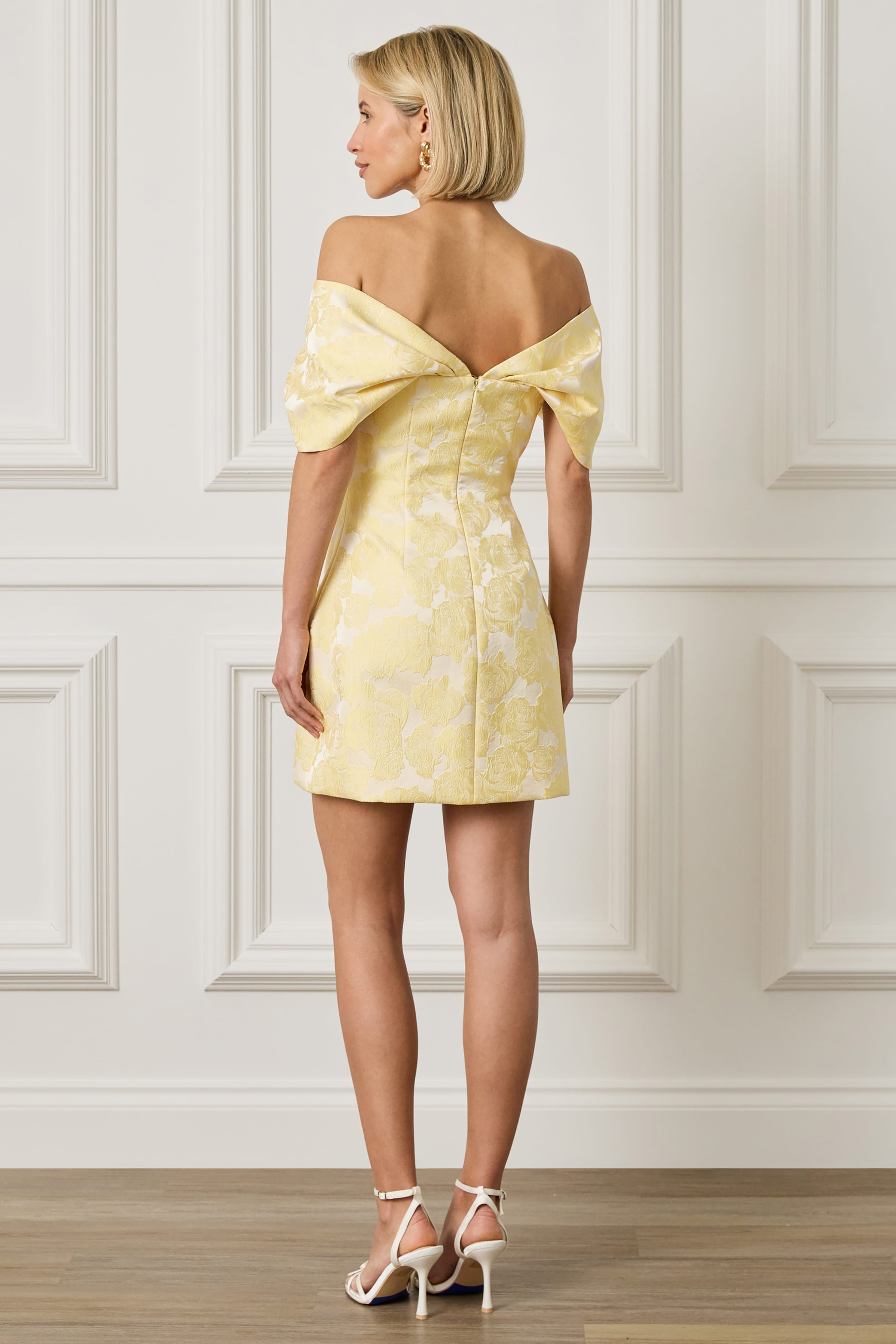 ODESSA Textured Jacquard Off Shoulder Mini Tulip Dress in Yellow