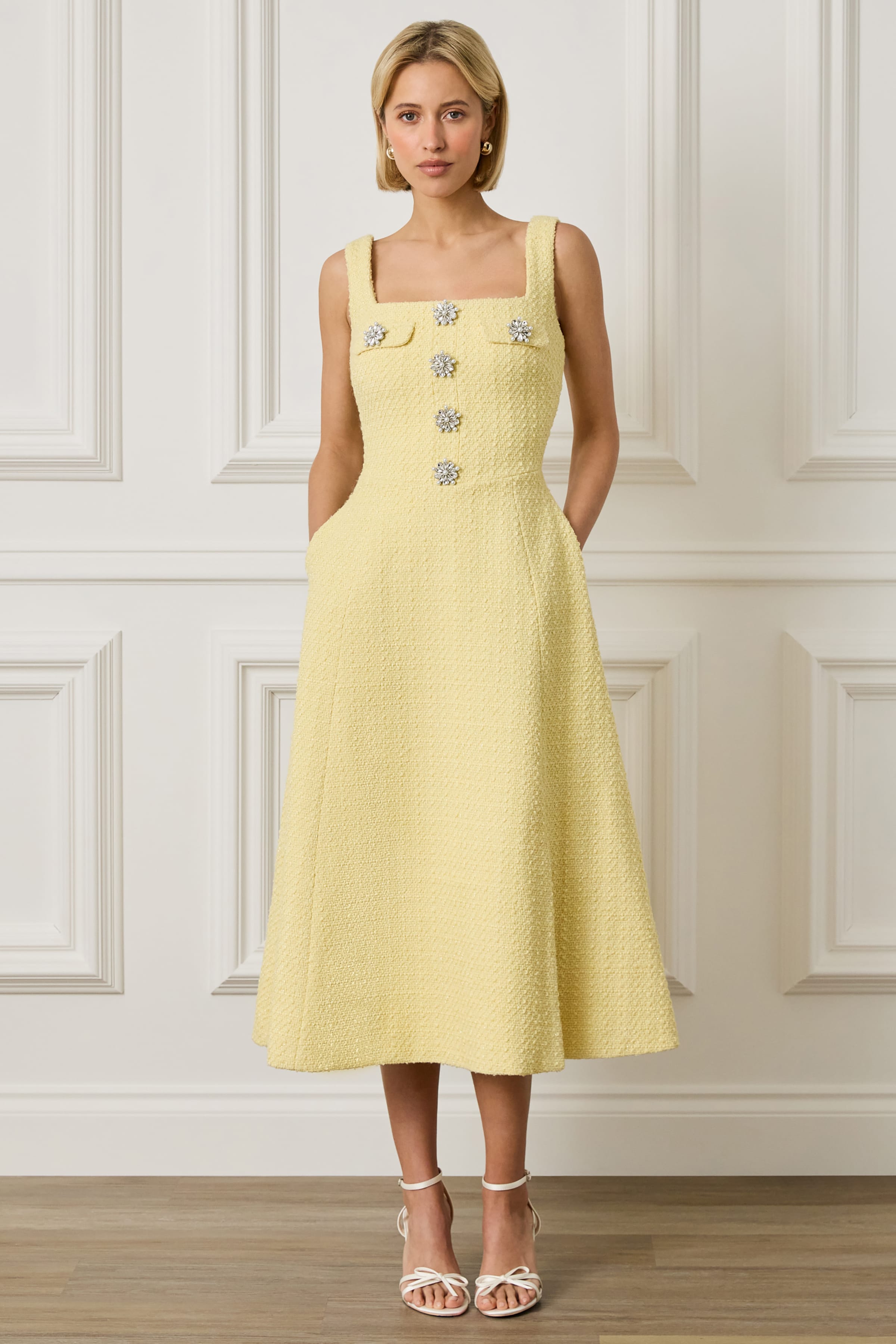 ELLA Embellished Sequin Boucle Sun Dress in Yellow