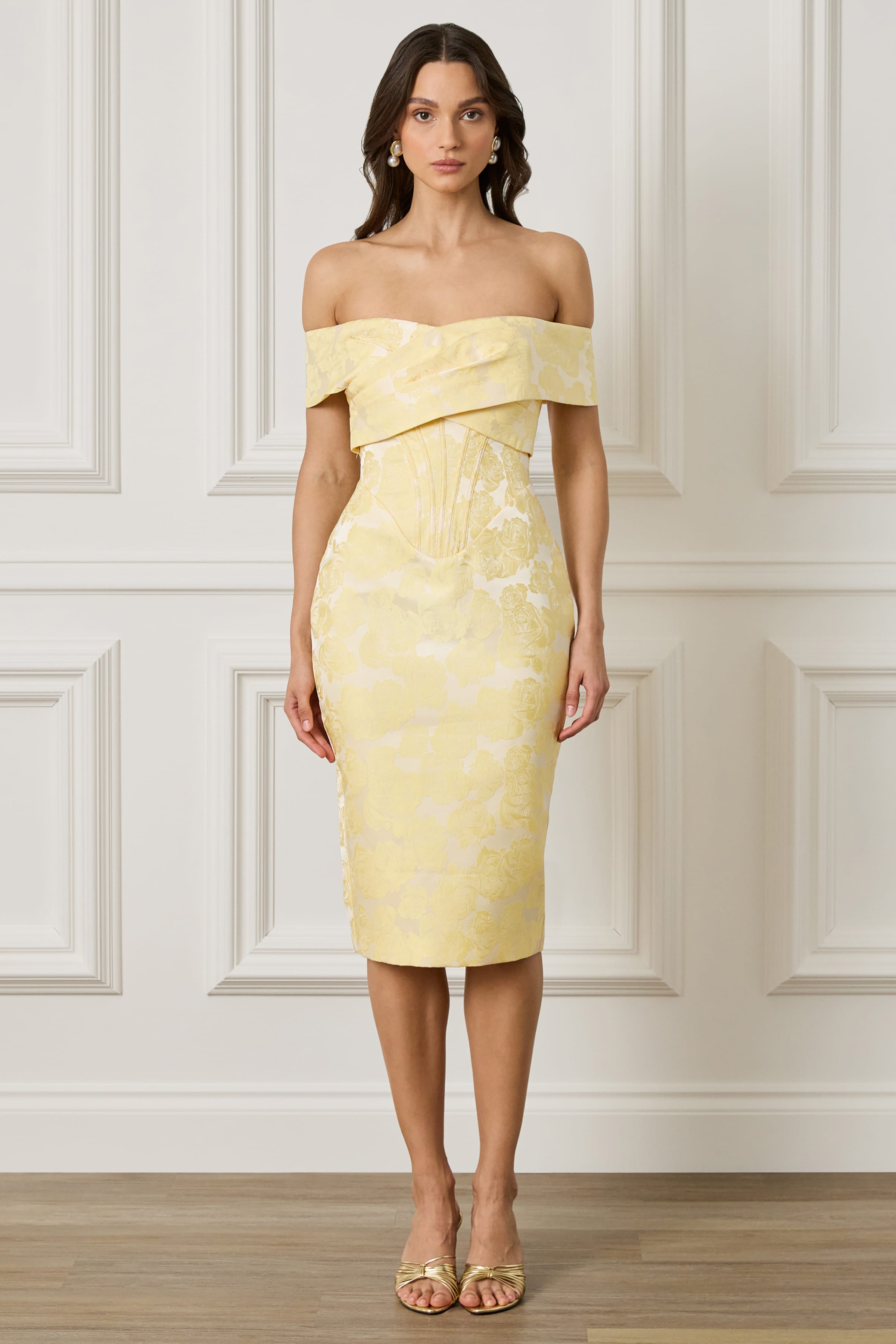 IMOGEN Textured Jacquard Corset Detailed Bardot Midi Dress in Yellow