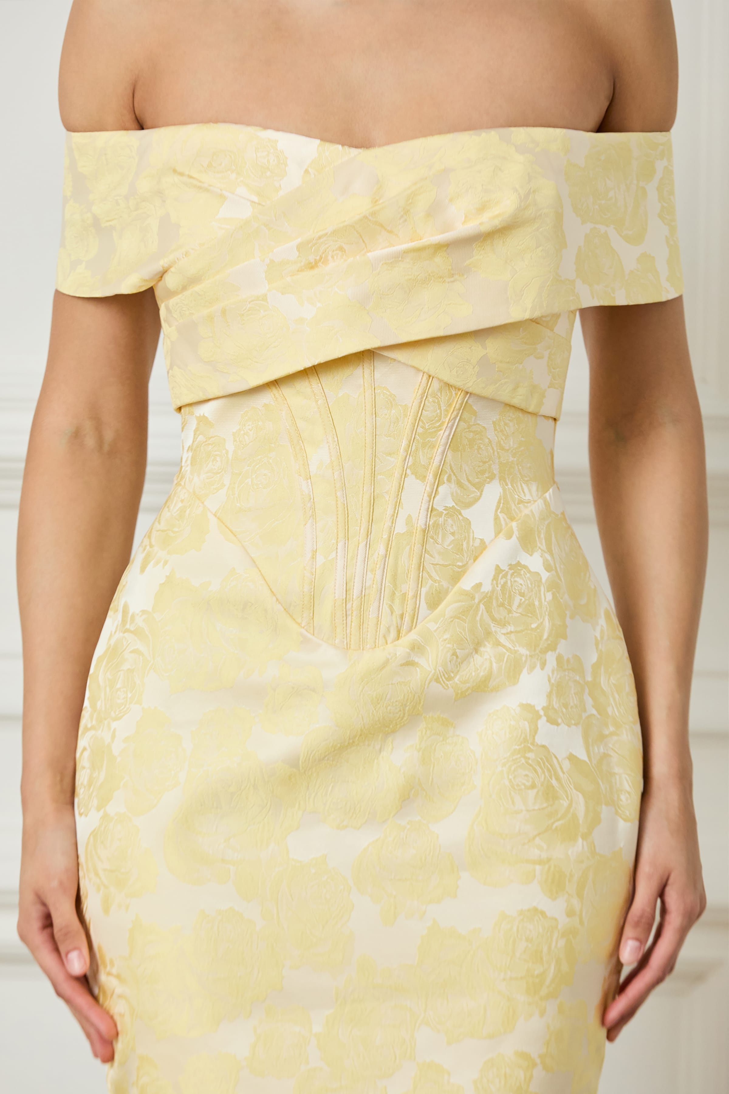 IMOGEN Textured Jacquard Corset Detailed Bardot Midi Dress in Yellow