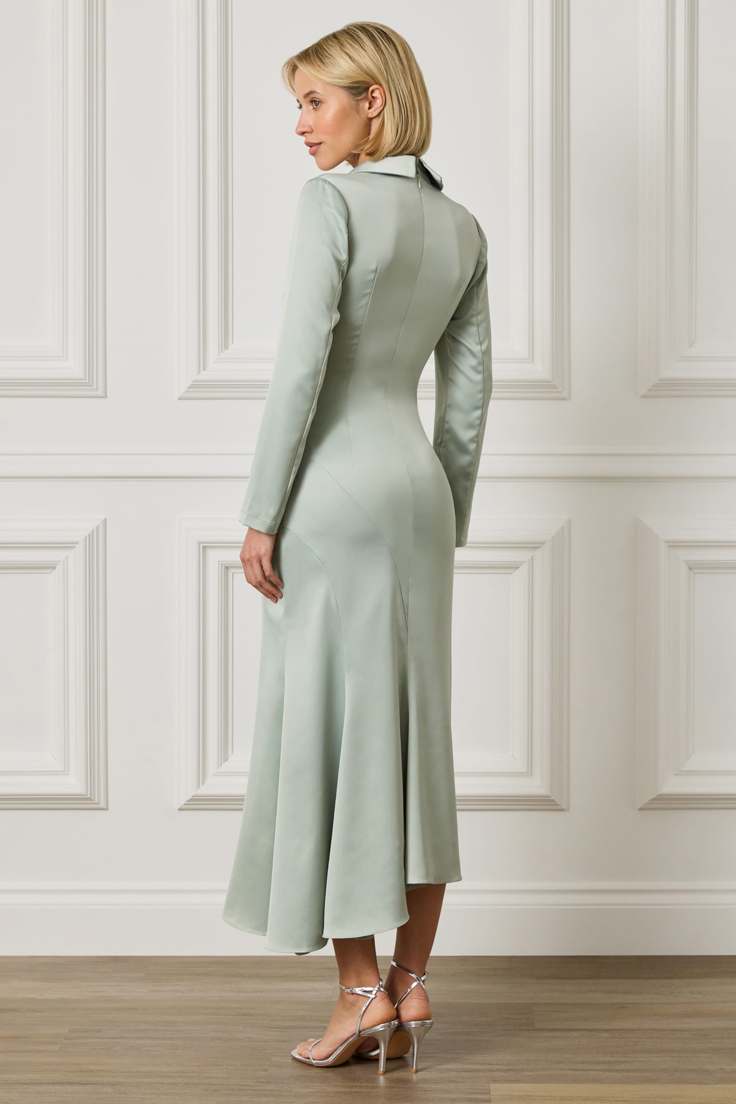 AURELIAH Asymmetric Drapey Cowl Neck Shirt Dress in Sage Green
