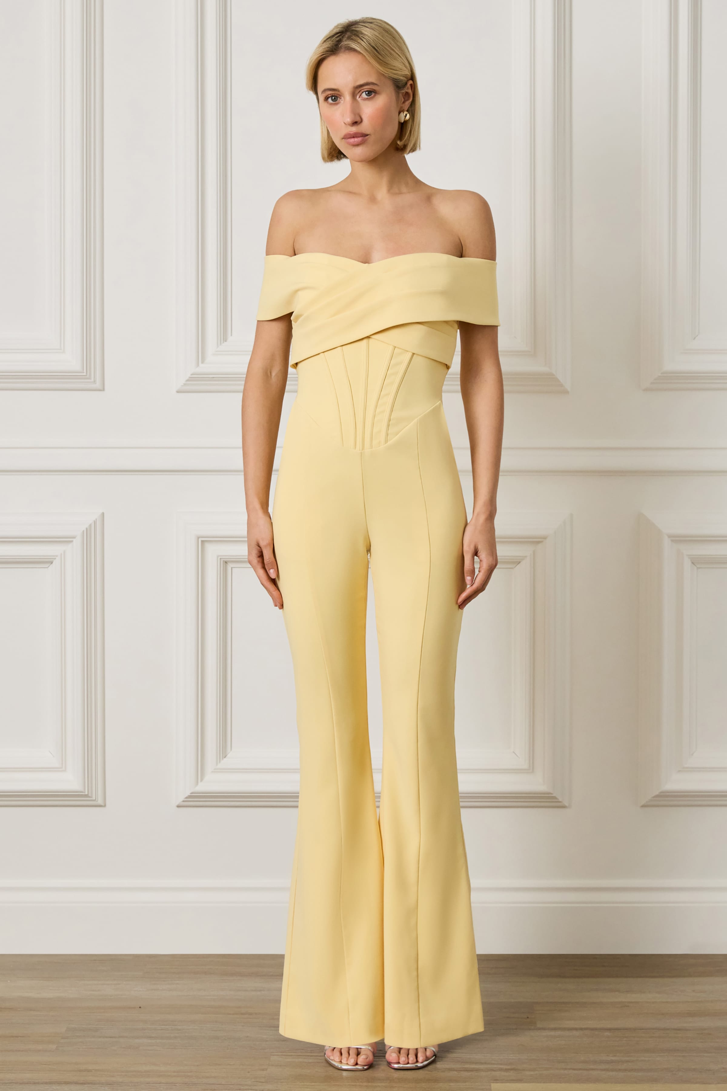 ROCHELLE Corset Detailed Bardot Jumpsuit in Yellow