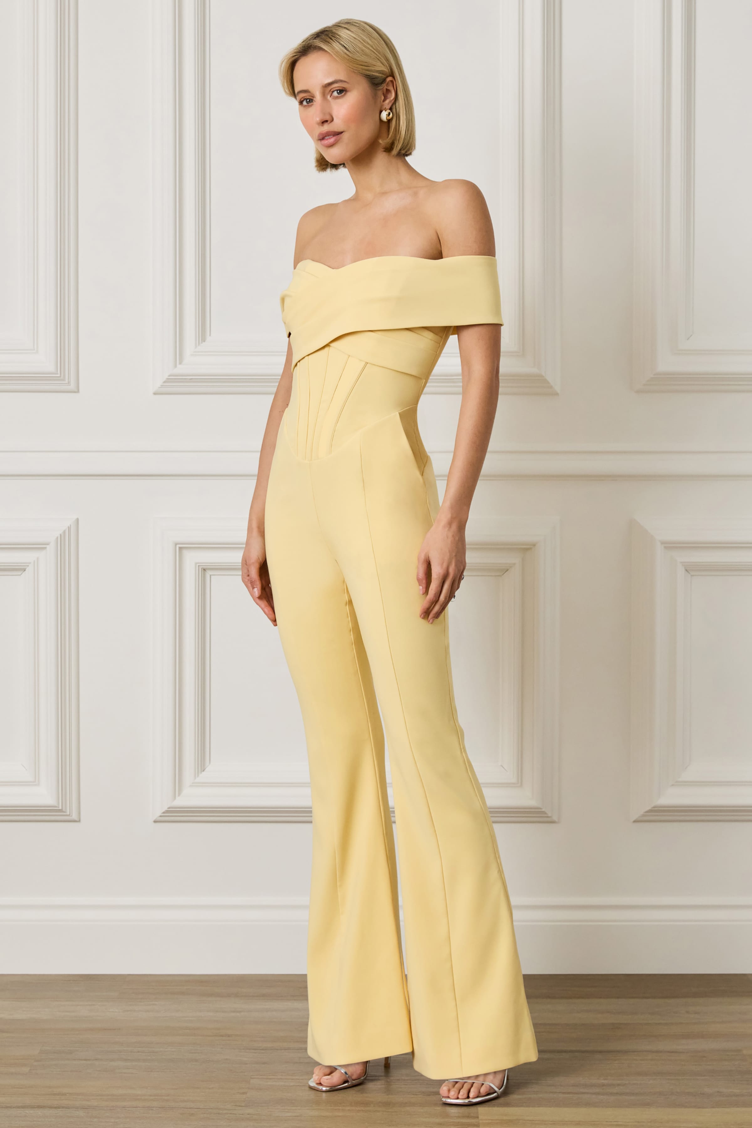 ROCHELLE Corset Detailed Bardot Jumpsuit in Yellow