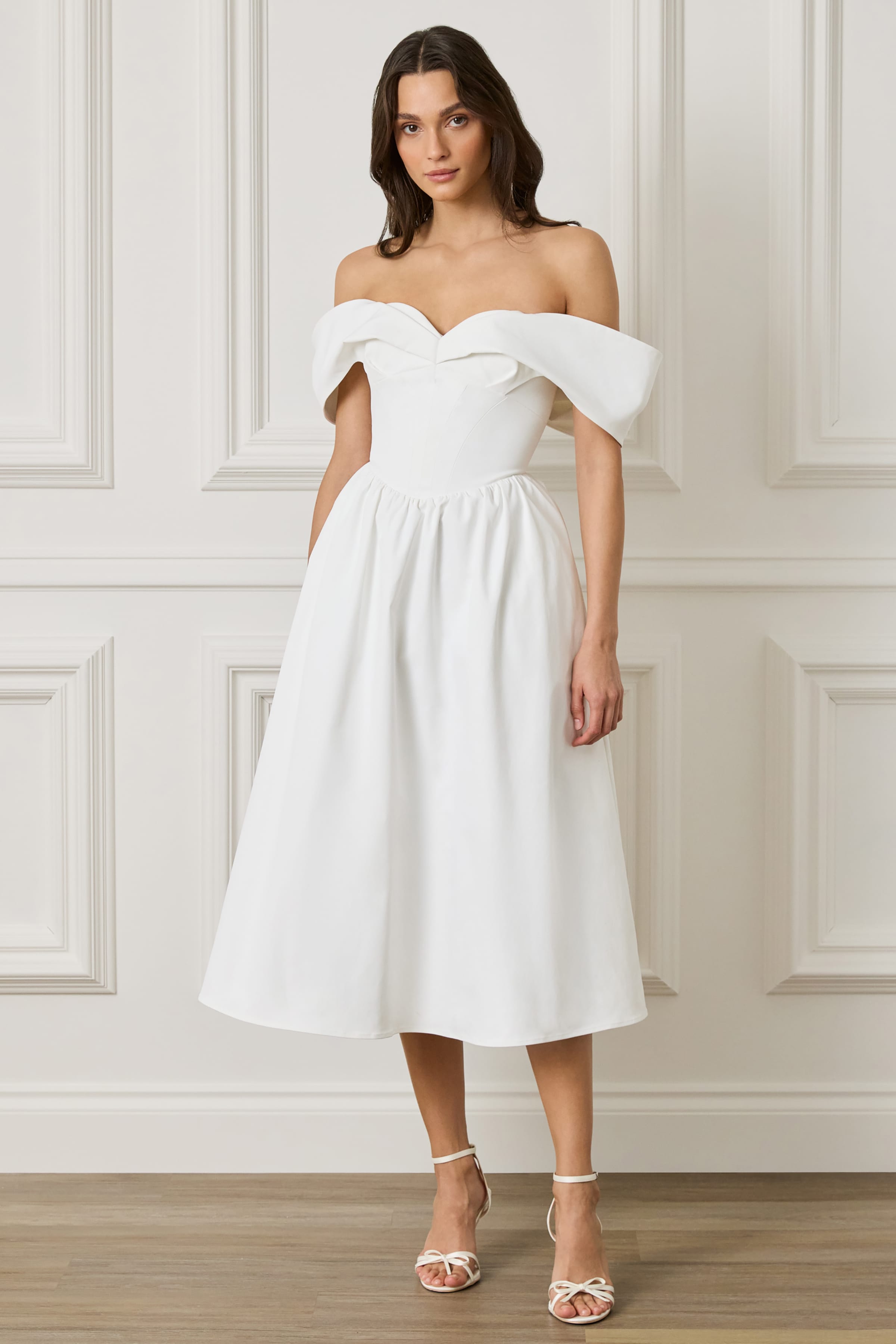 ROSALIND Pleated Off Shoulder Corset Sundress In White