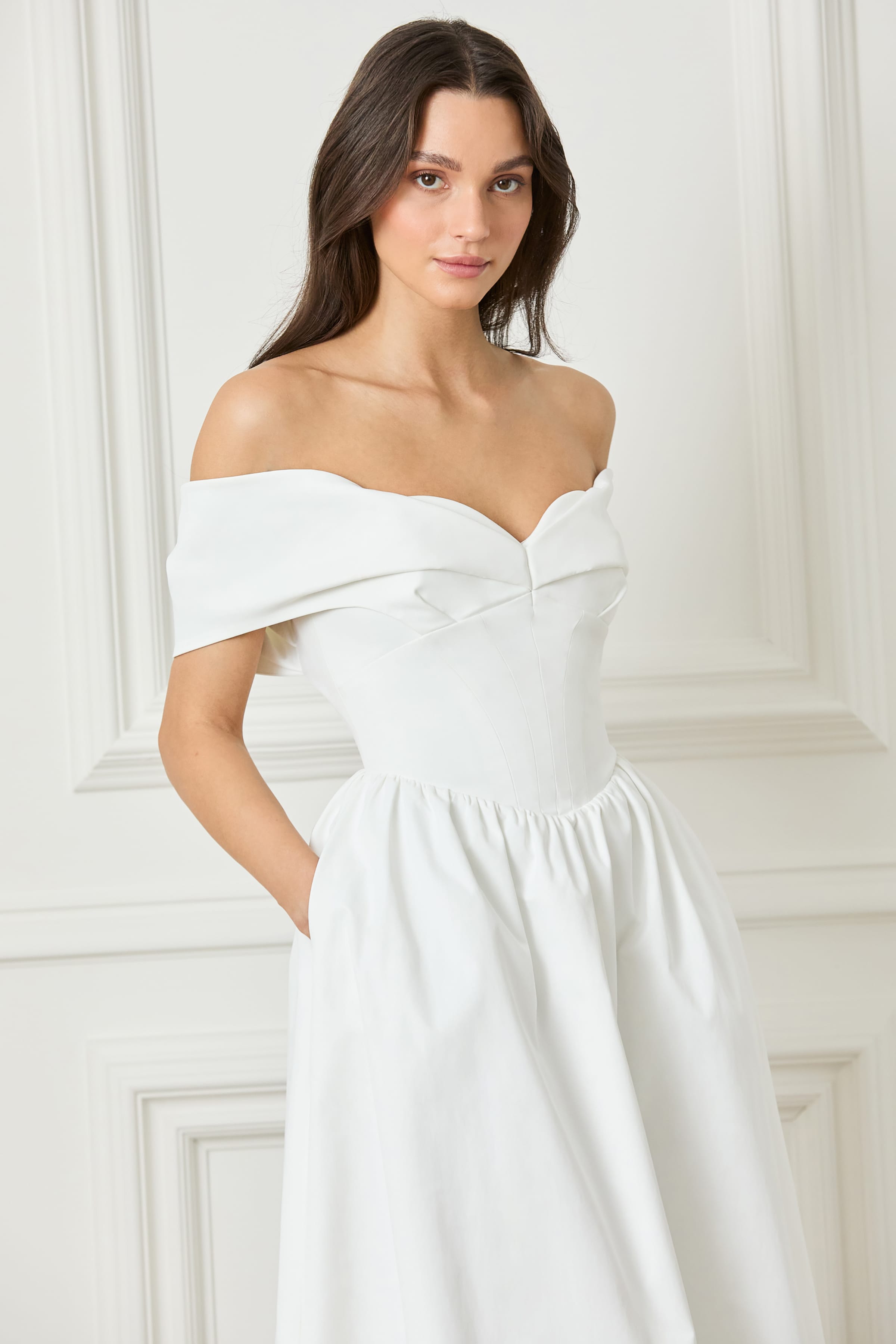 ROSALIND Pleated Off Shoulder Corset Sundress In White