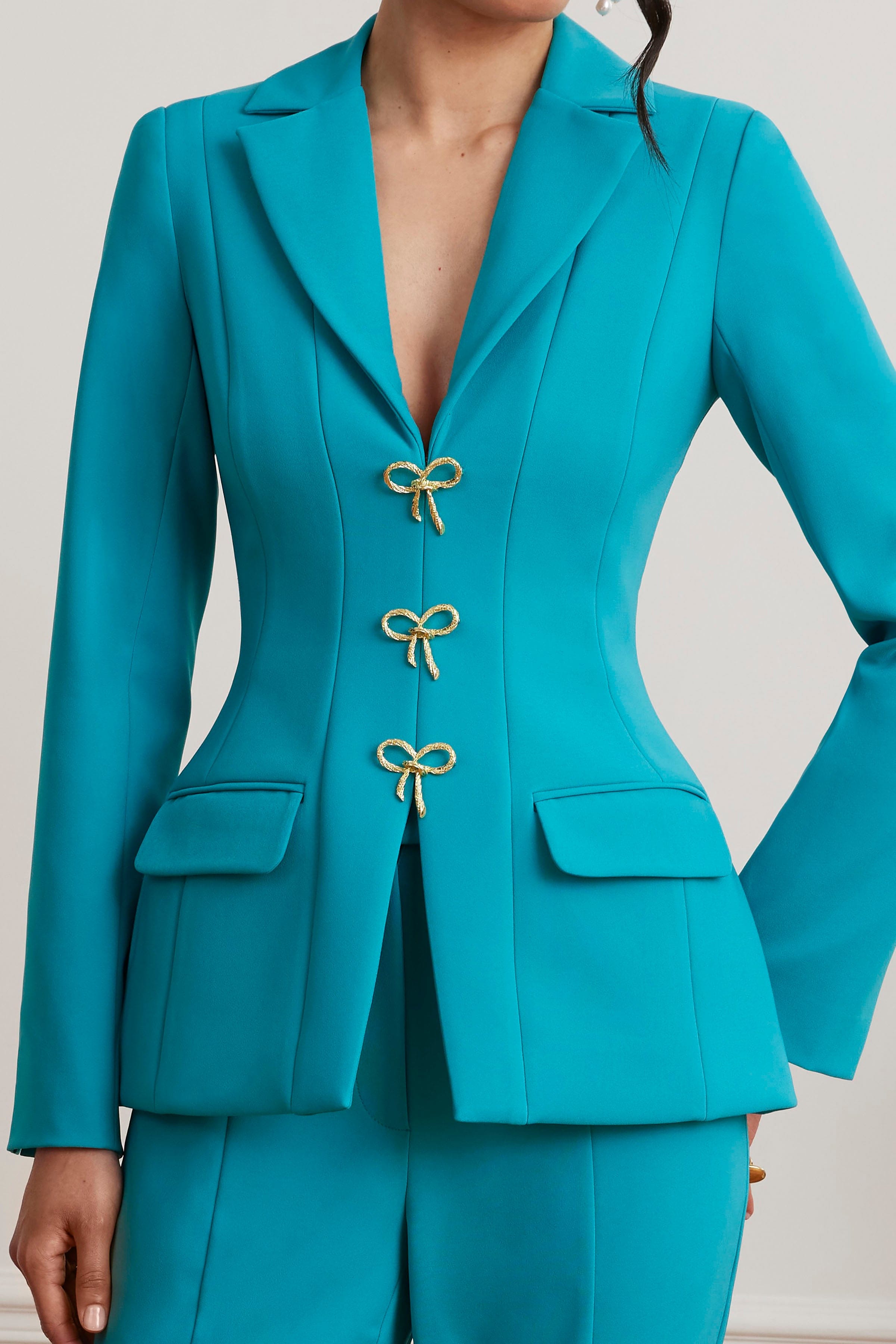 FIORELLA Sculptured Blazer with Gold Bow Hardware in Teal Blue