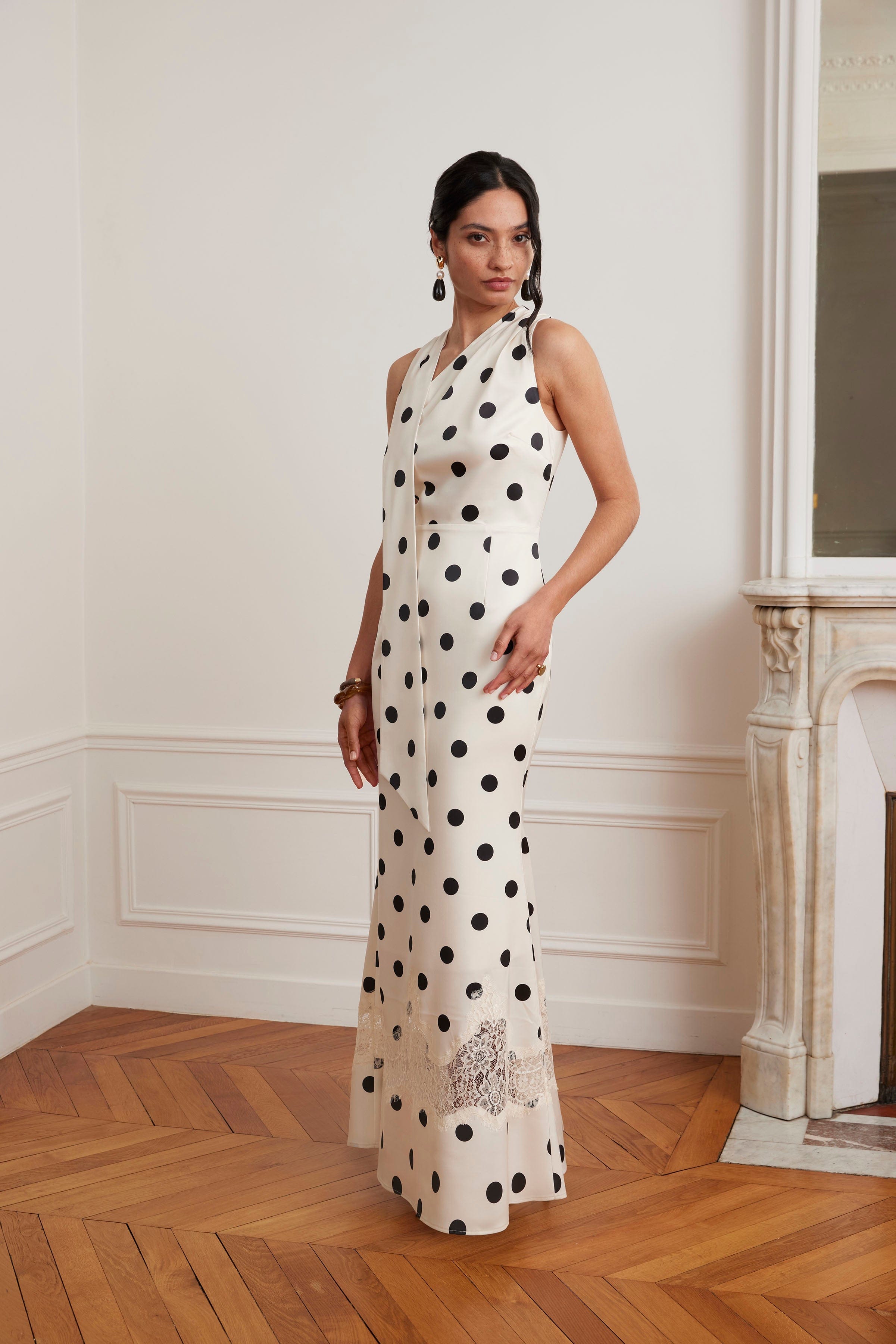 JULIANA Satin Scarf Neck Maxi Dress With Lace Insert In Polka Dot Print
