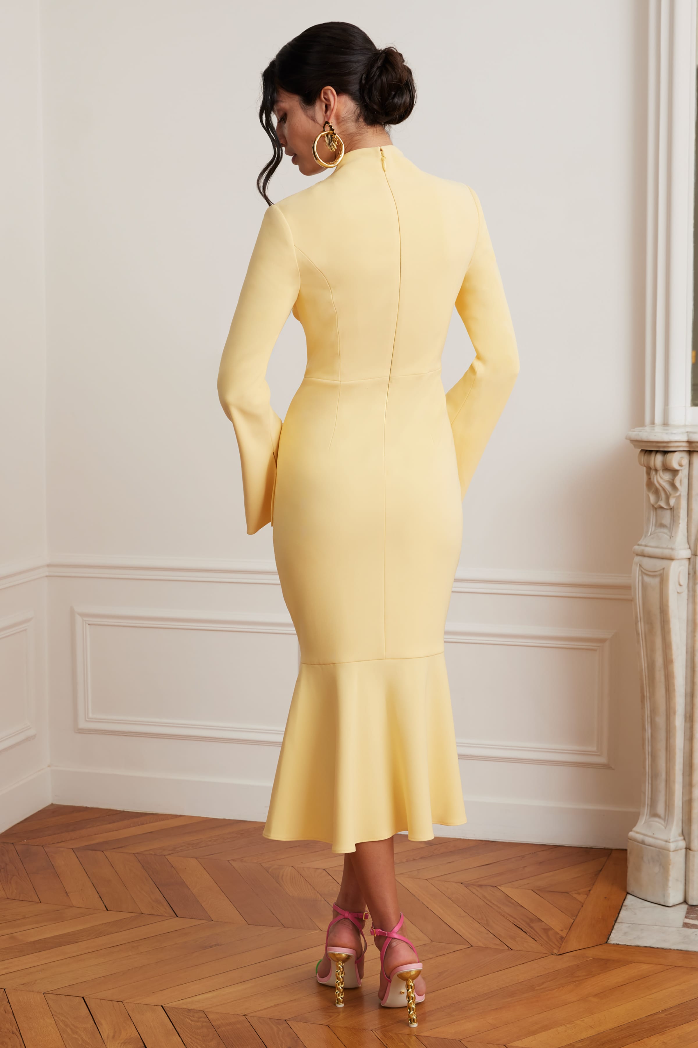 yellow high neck dress KIMORA Cross Over High Neck Fluted Midi Dress In Yellow