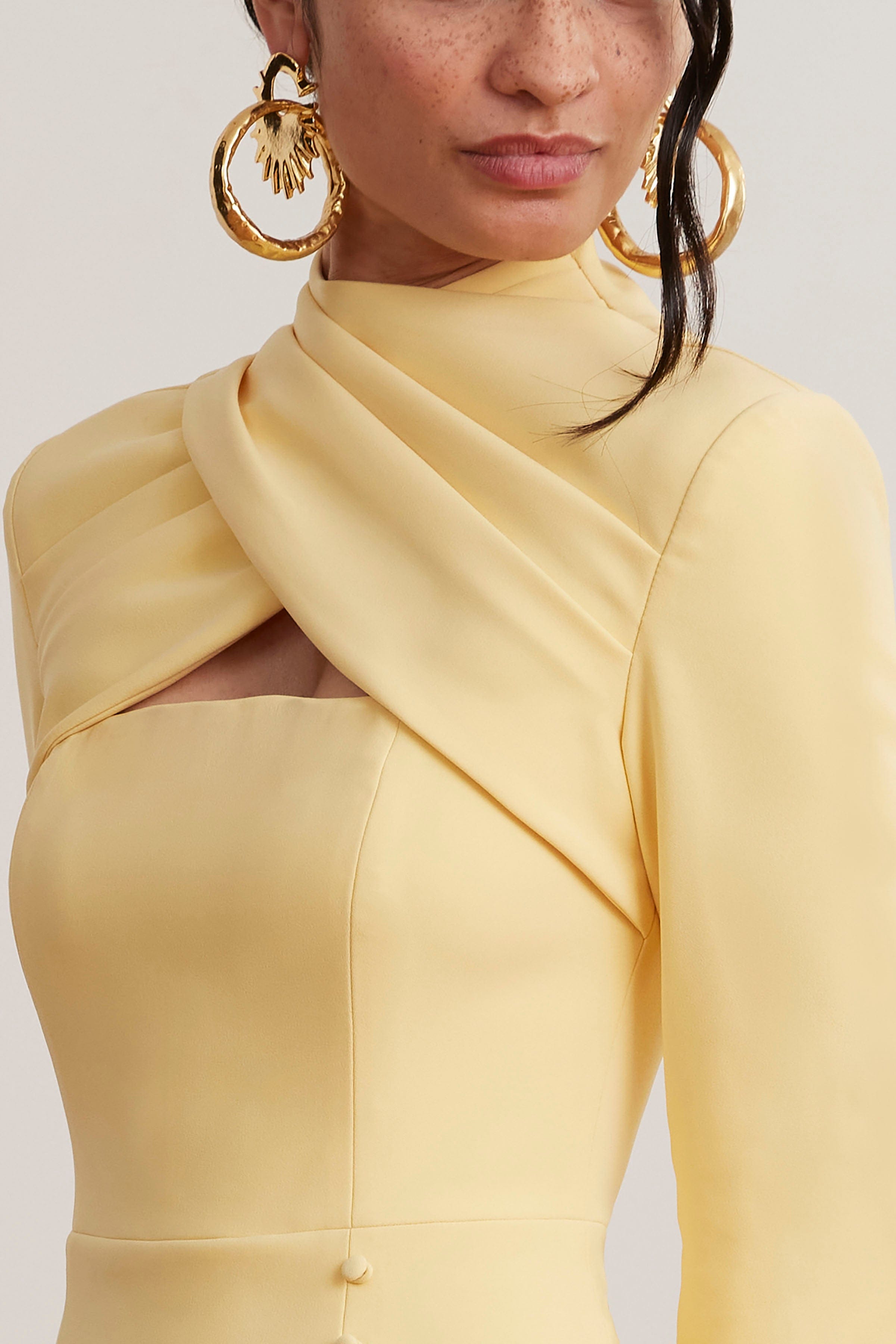 KIMORA Cross Over High Neck Fluted Midi Dress In Yellow