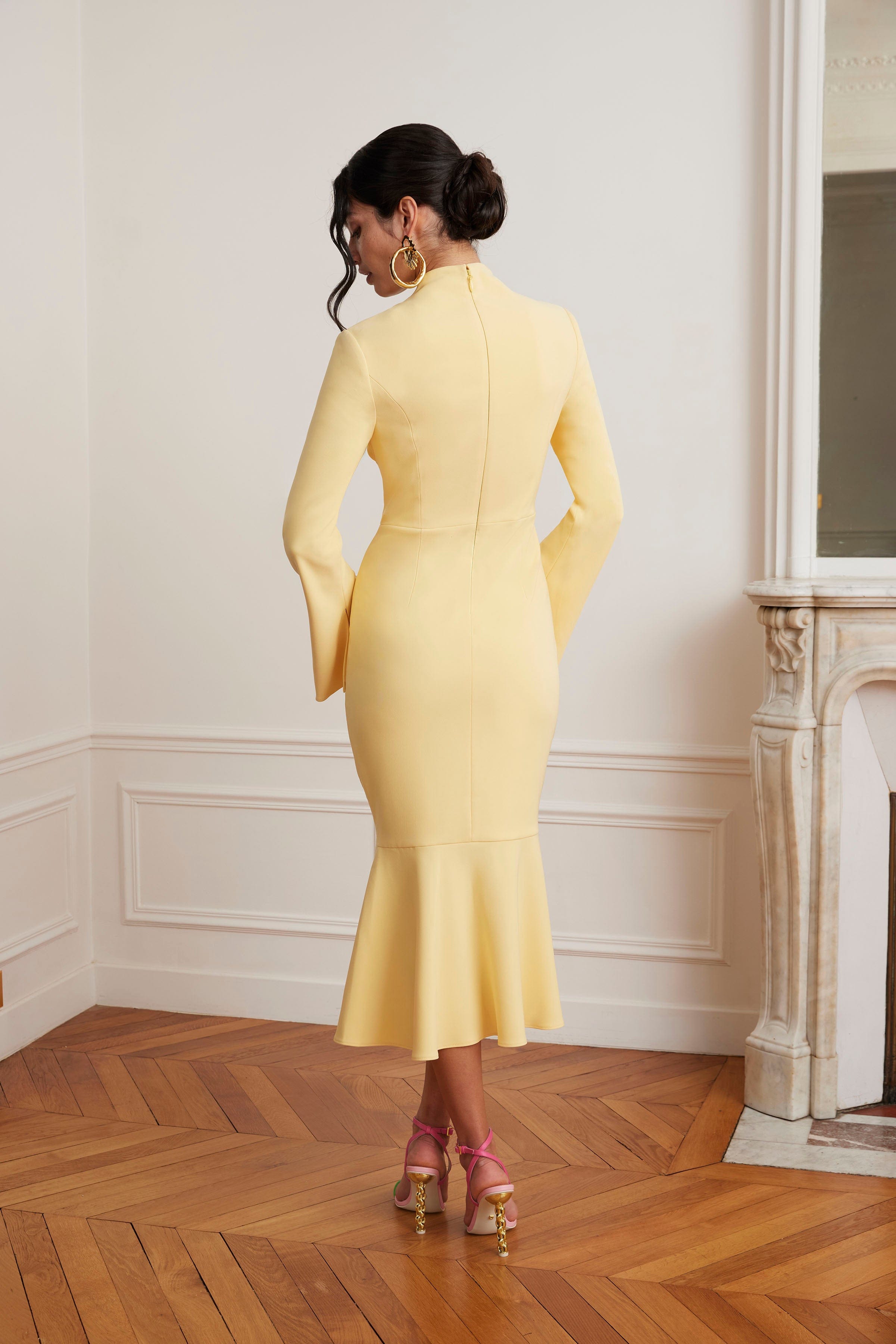 KIMORA Cross Over High Neck Fluted Midi Dress In Yellow