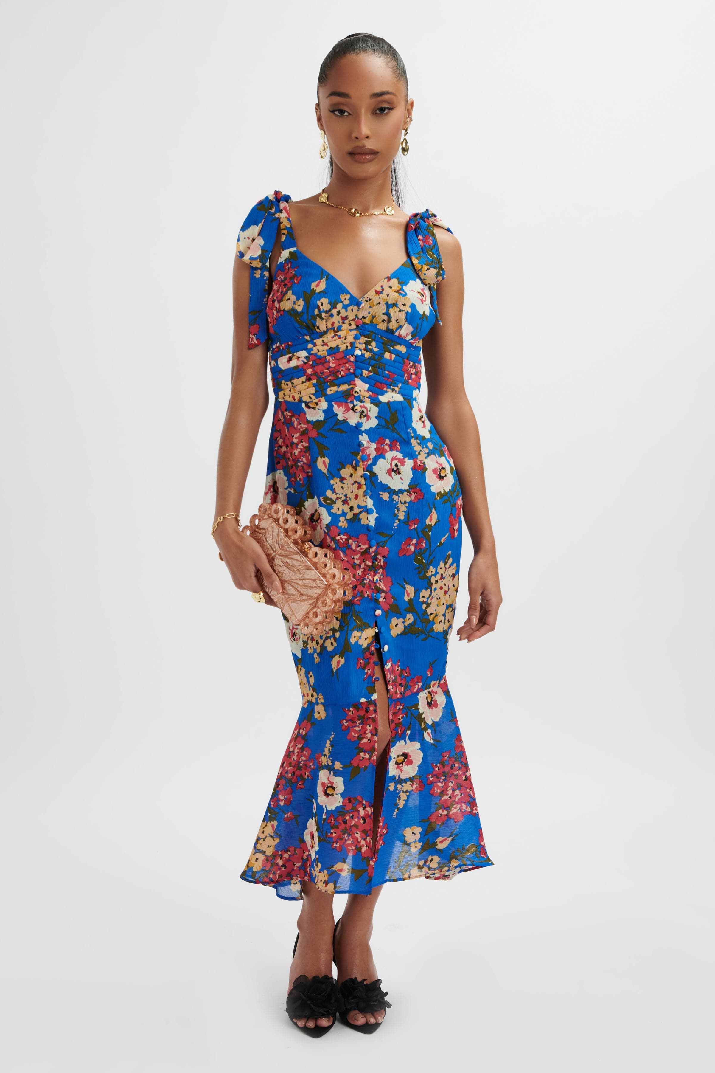 KAMILA Tie Strap Micro Button Longline Midi Dress In Blue Floral Satin