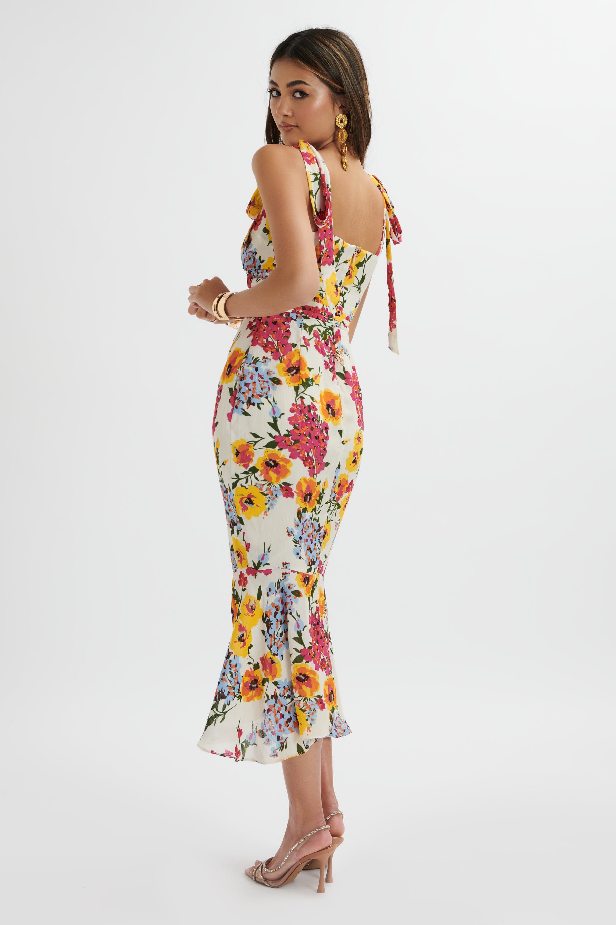 KAMILA Tie Strap Micro Button Longline Midi Dress In White Floral Satin