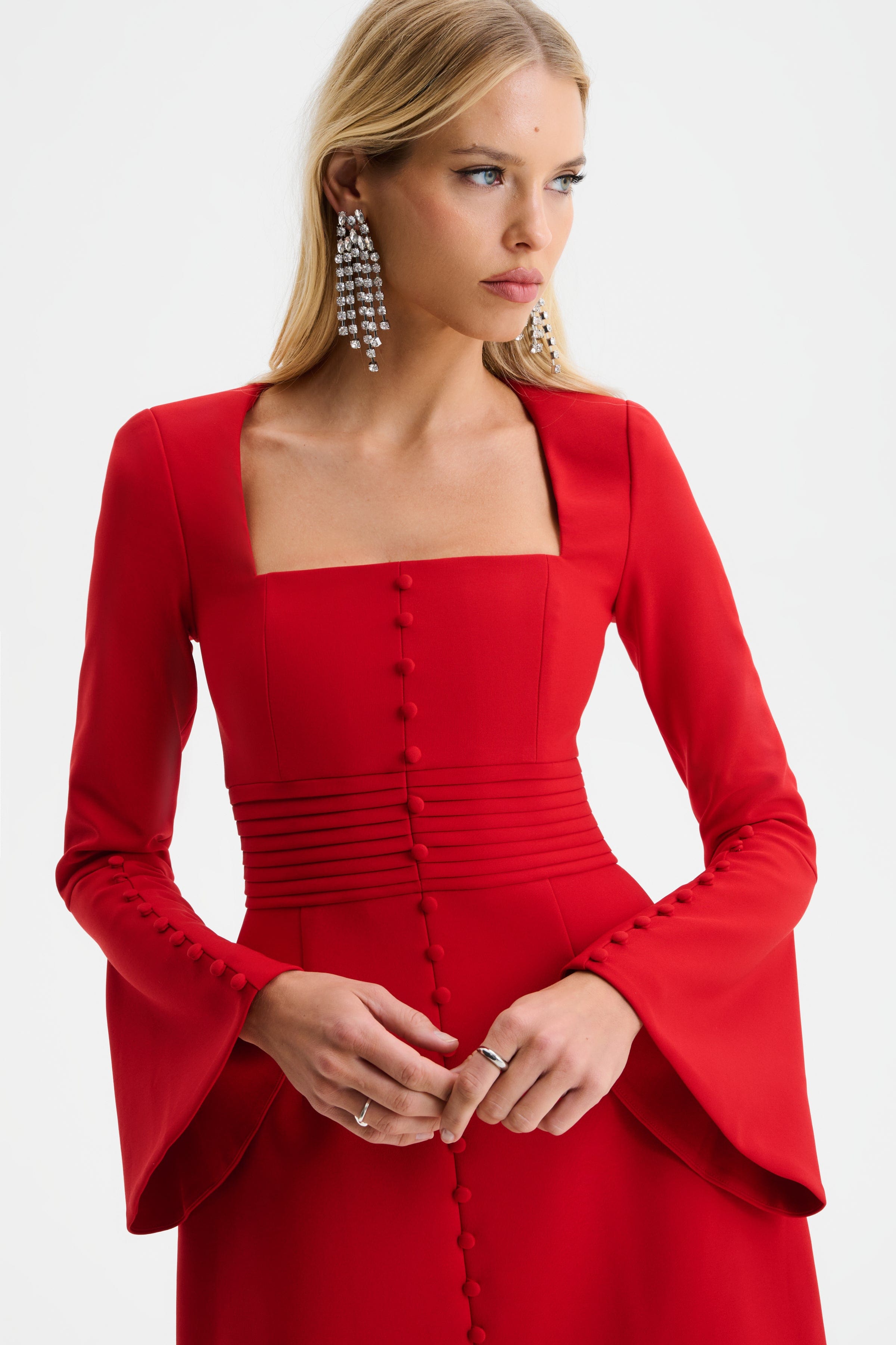 ROMY Square Neck Fluted Sleeve Mini Dress in Red