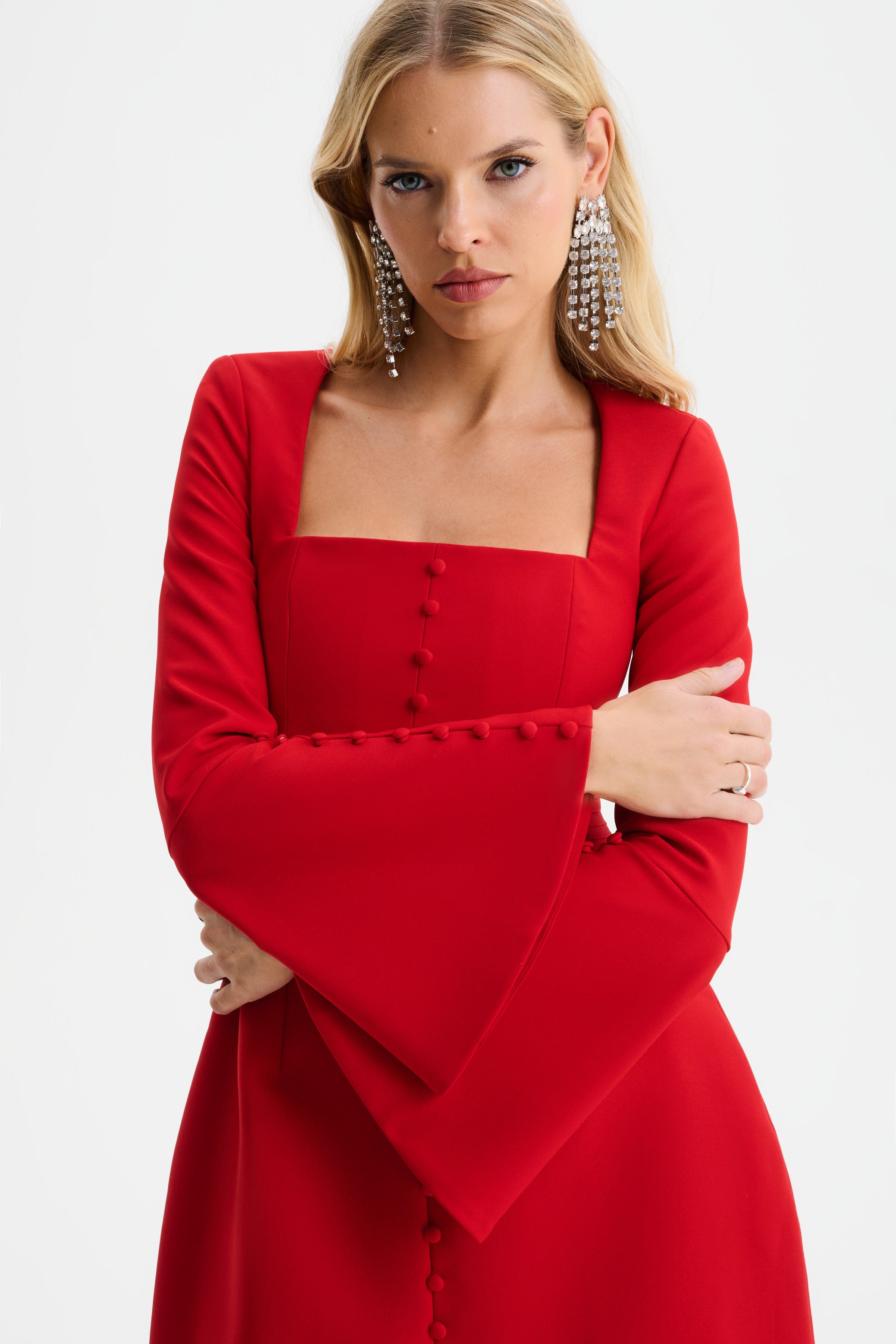ROMY Square Neck Fluted Sleeve Mini Dress in Red