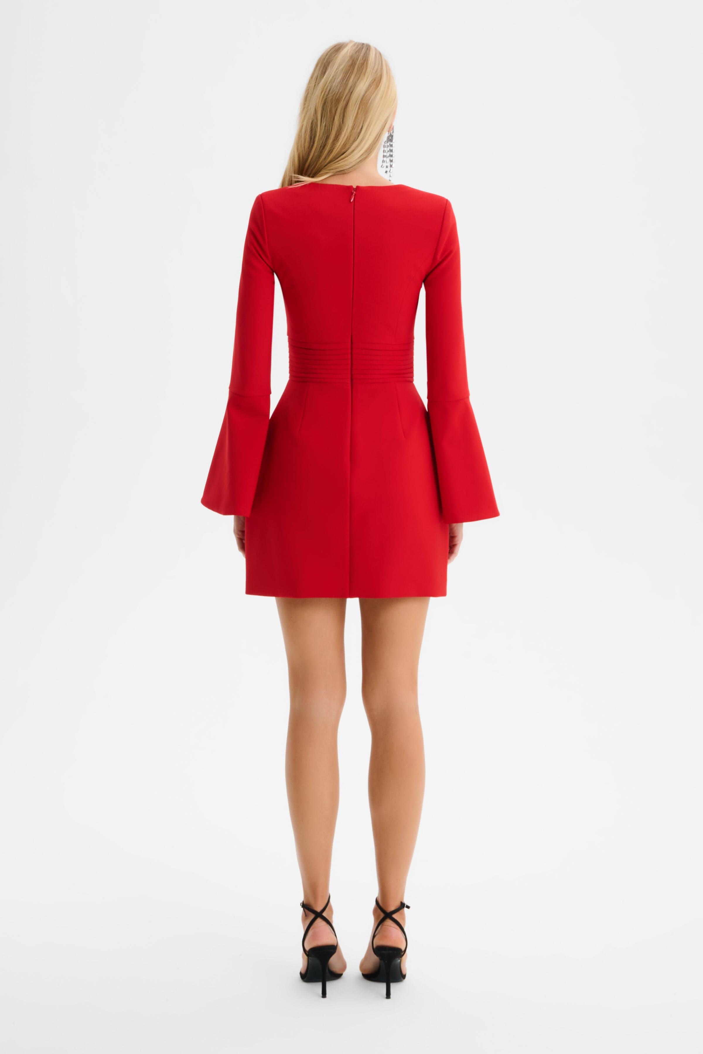 ROMY Square Neck Fluted Sleeve Mini Dress in Red
