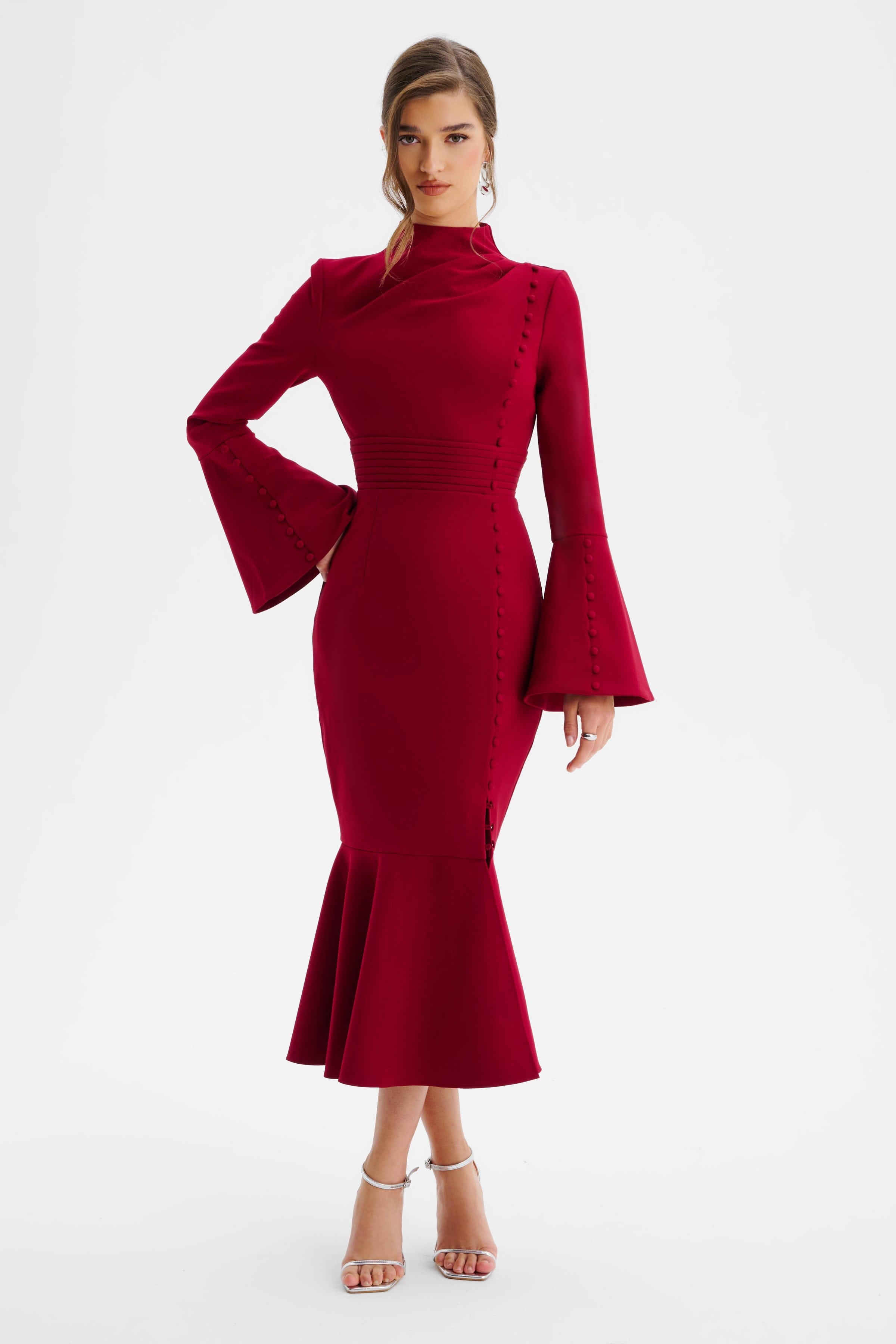 AUBREY High Neck Fluted Sleeve Micro Button Midi Dress in Burgundy
