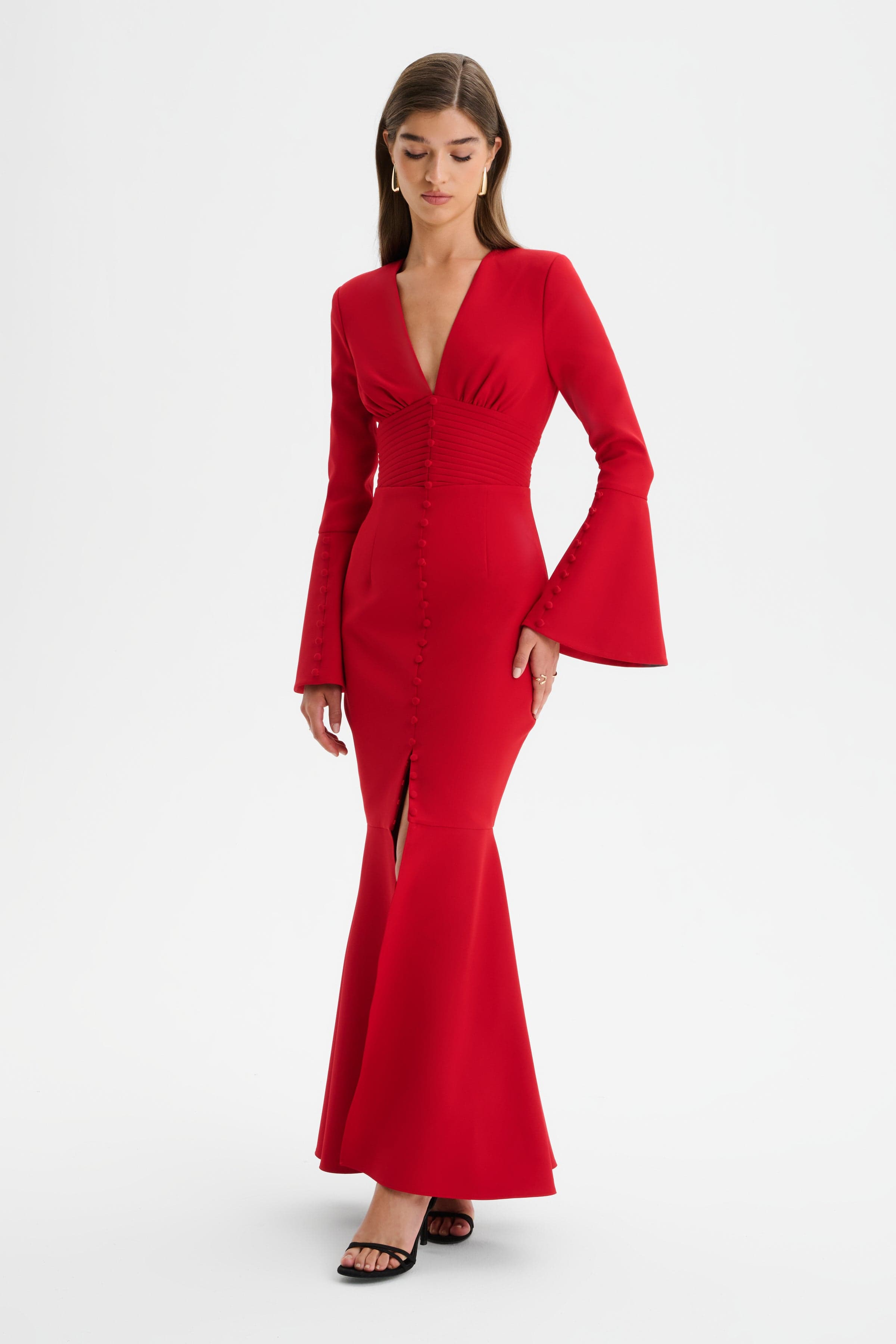 JOSIE Fluted Sleeve Fishtail Maxi Dress in Red
