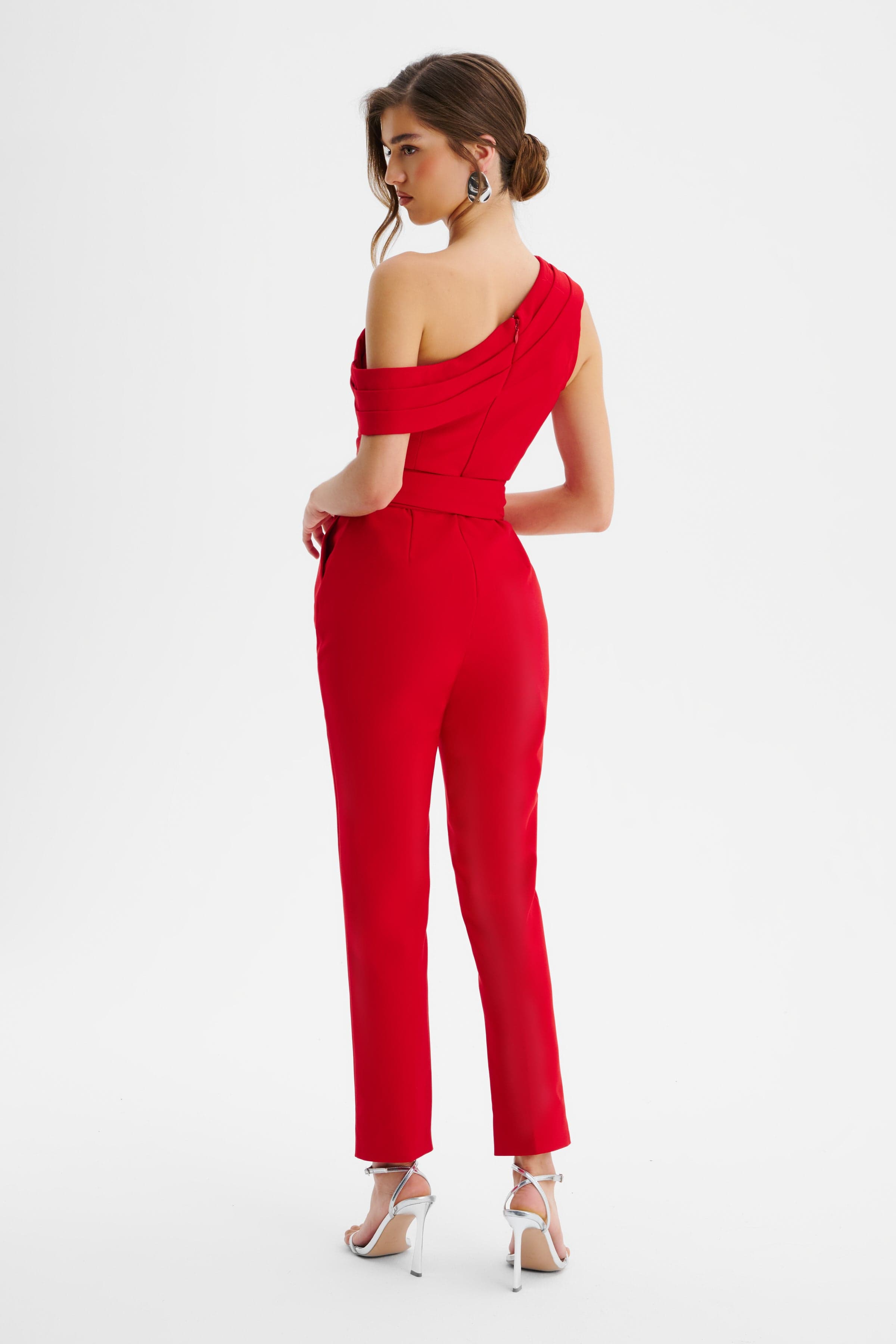 SOFIE Off Shoulder Pleated Obi Belted Jumpsuit in Red