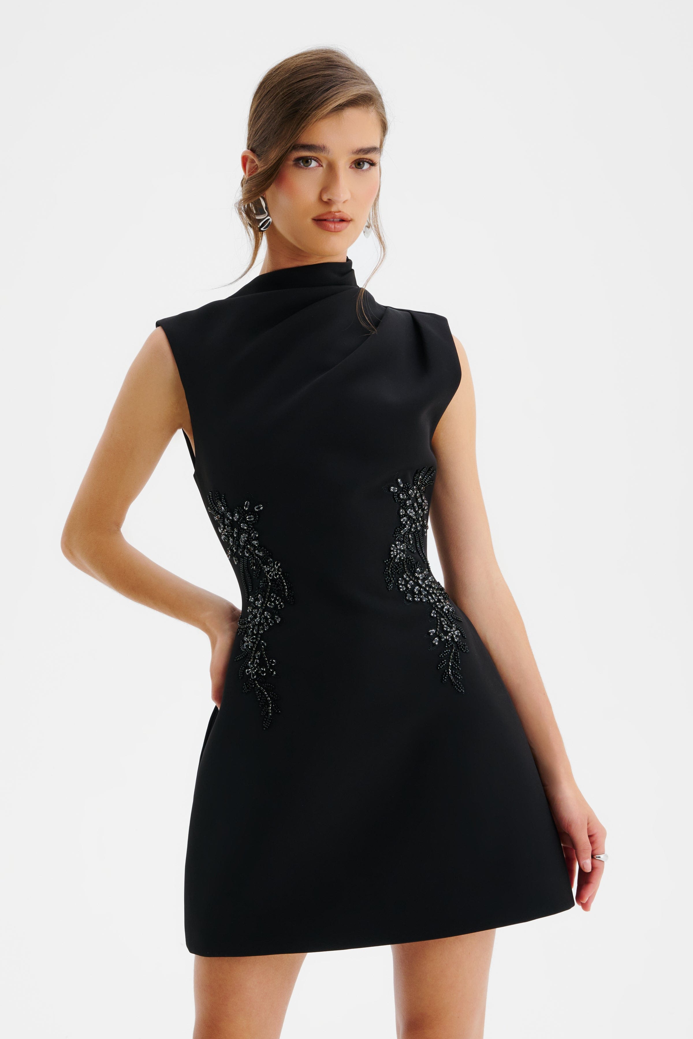 AMBAR Asymmetric High Neck Embellished Tulip Mini Dress in Black