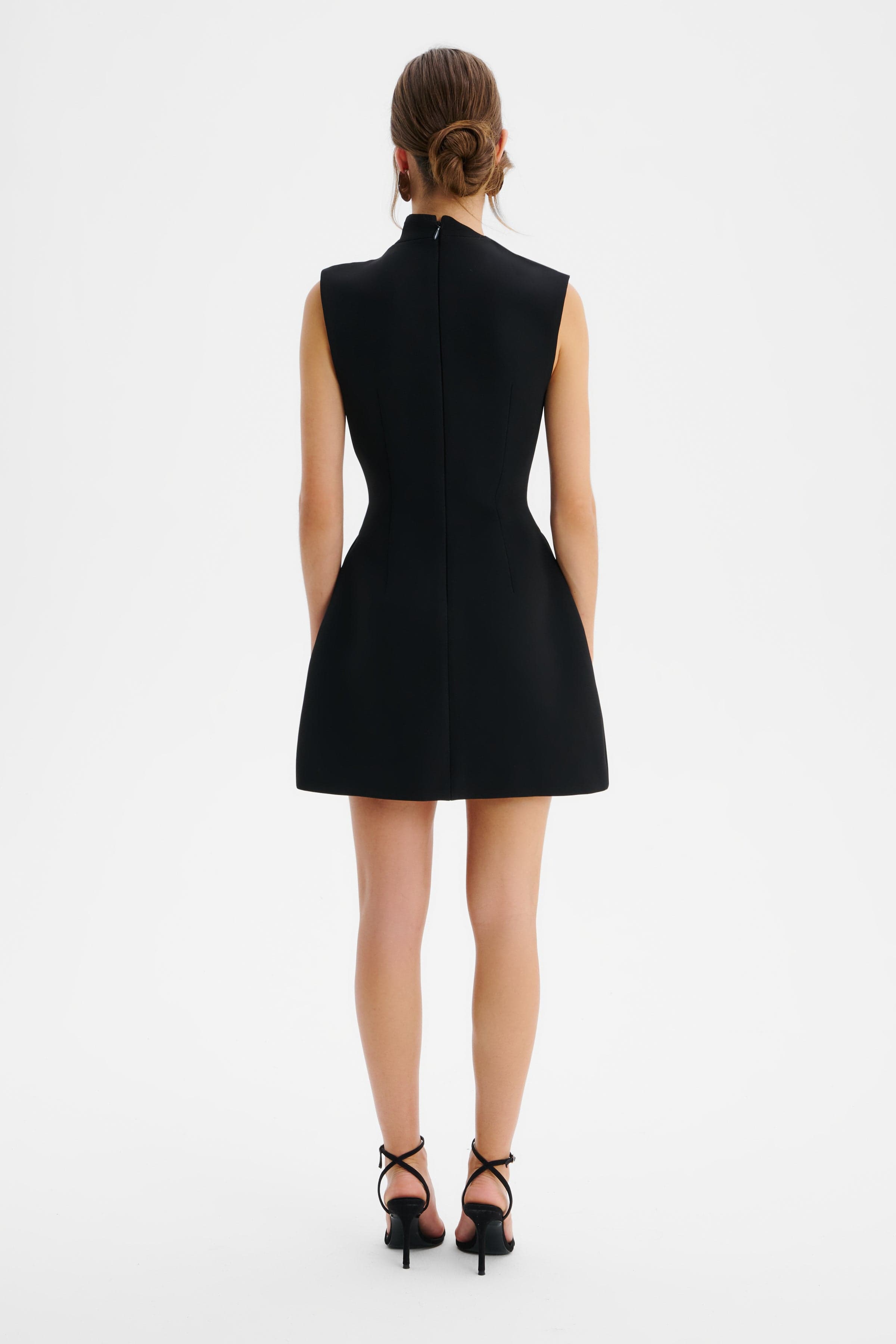 AMBAR Asymmetric High Neck Embellished Tulip Mini Dress in Black