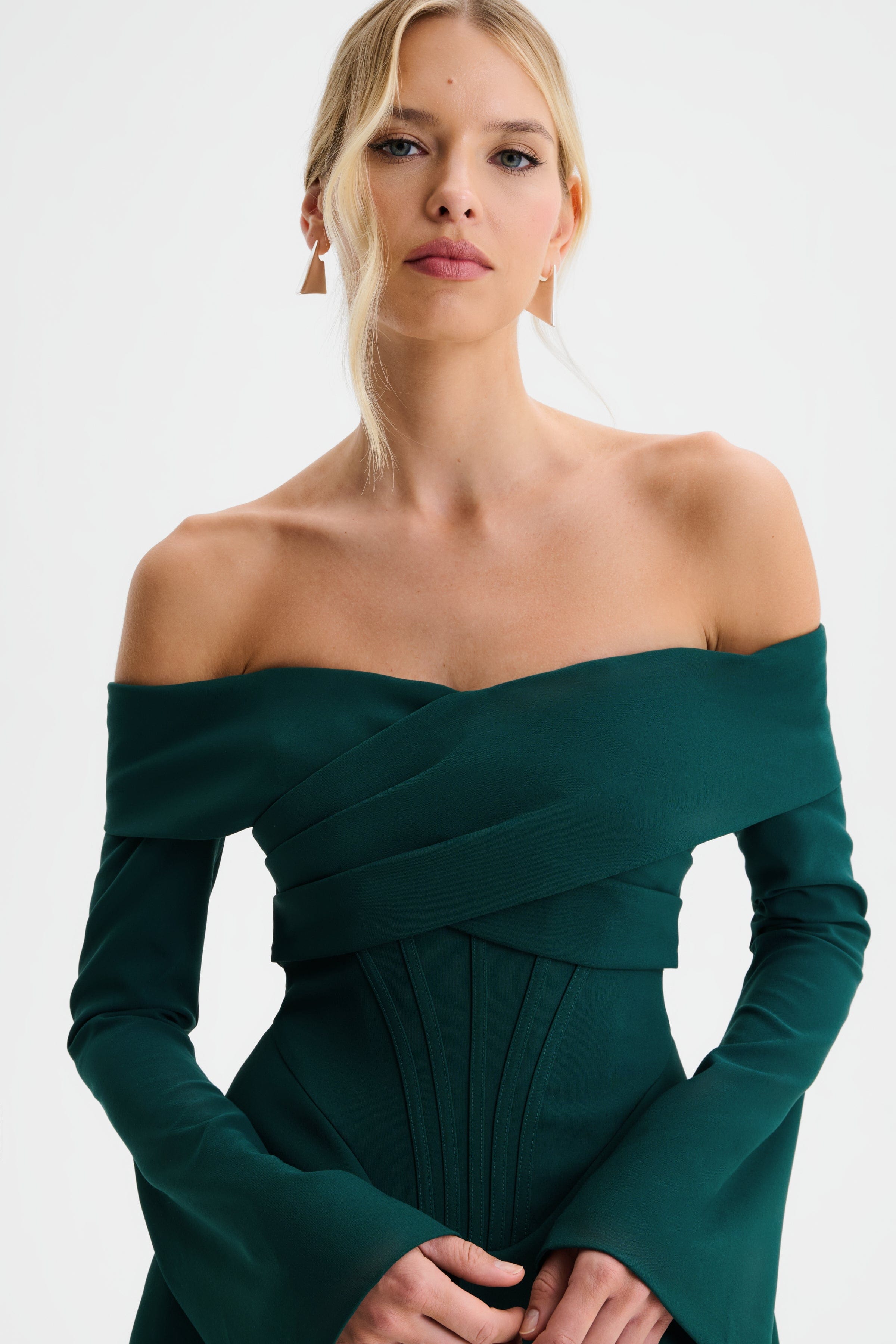 BONNIE Off Shoulder Tulip Mini Dress with Corsetry Detail in Emerald Green