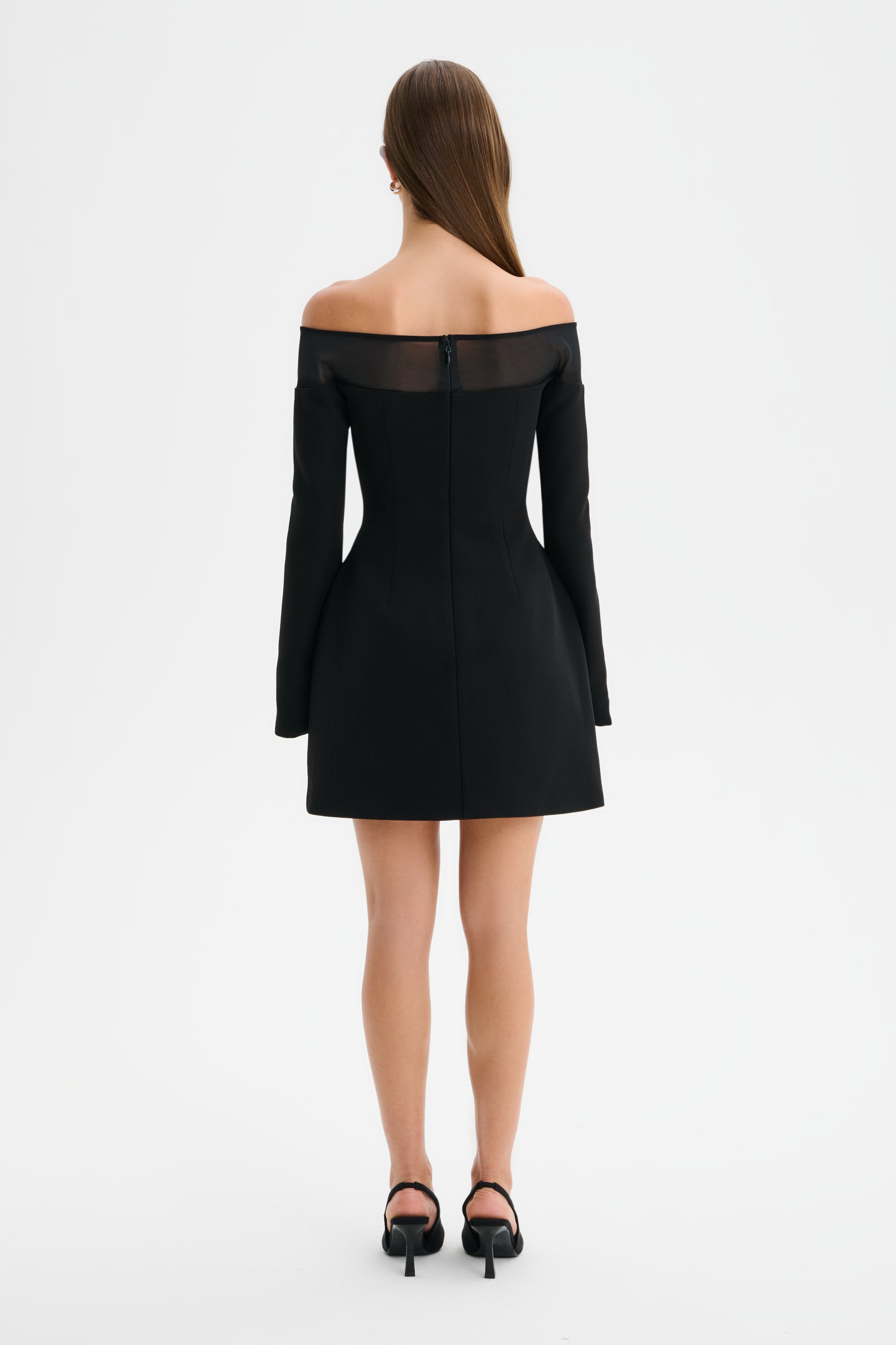 YASMIN Off Shoulder Embellished Tulip Dress with Sheer Detail in Black