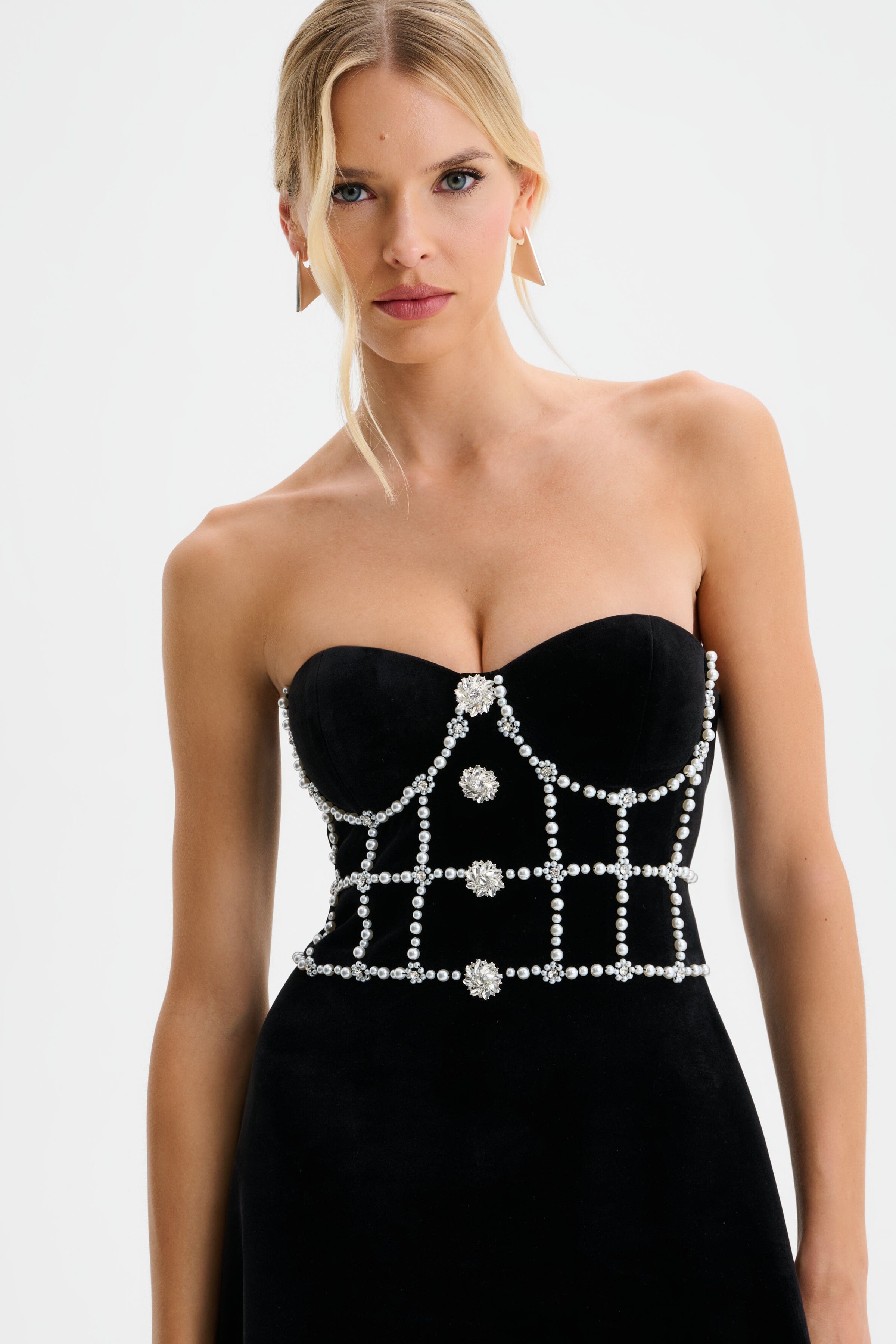 MASIE Pearl Embellished Velvet Tulip Dress in Black