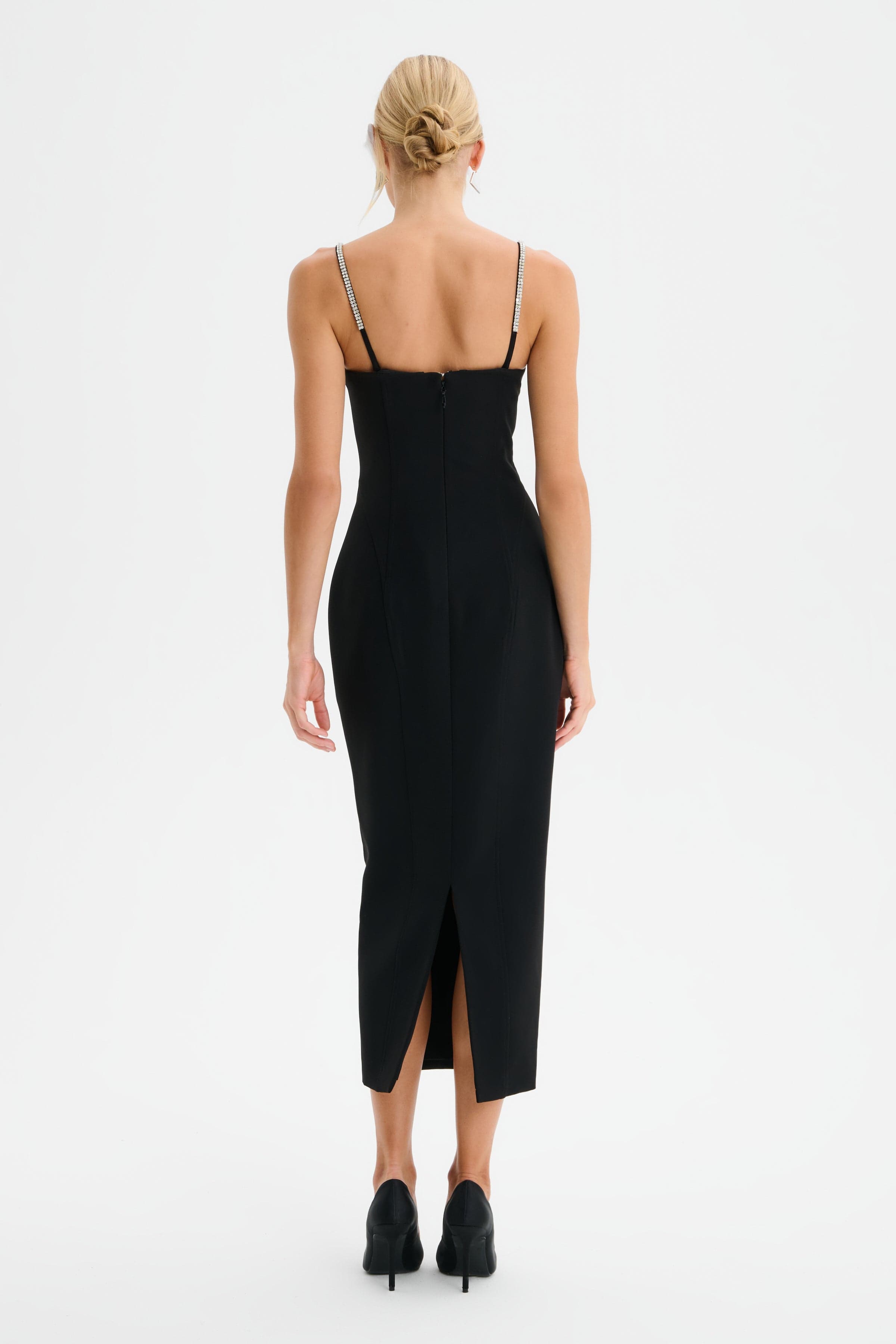 DAISY Hand Embellished Contour Tailored Midi Dress in Black