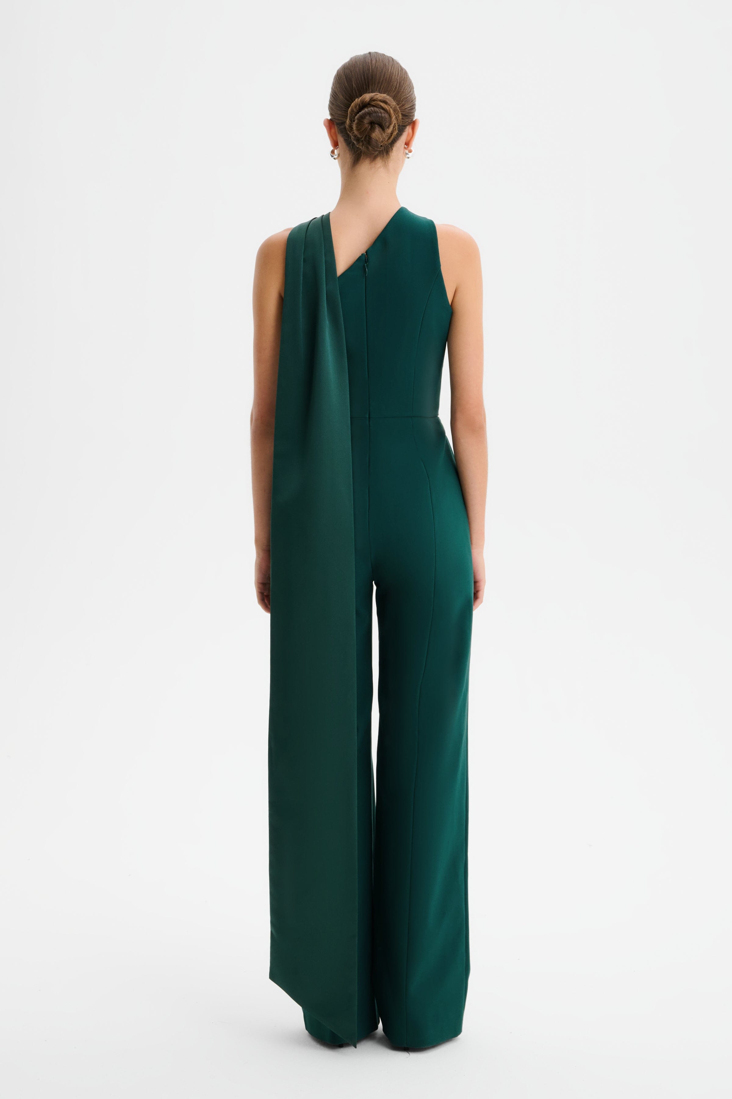 CHANTELLE Cross Neck Straight Leg Jumpsuit with Satin Drape in Emerald