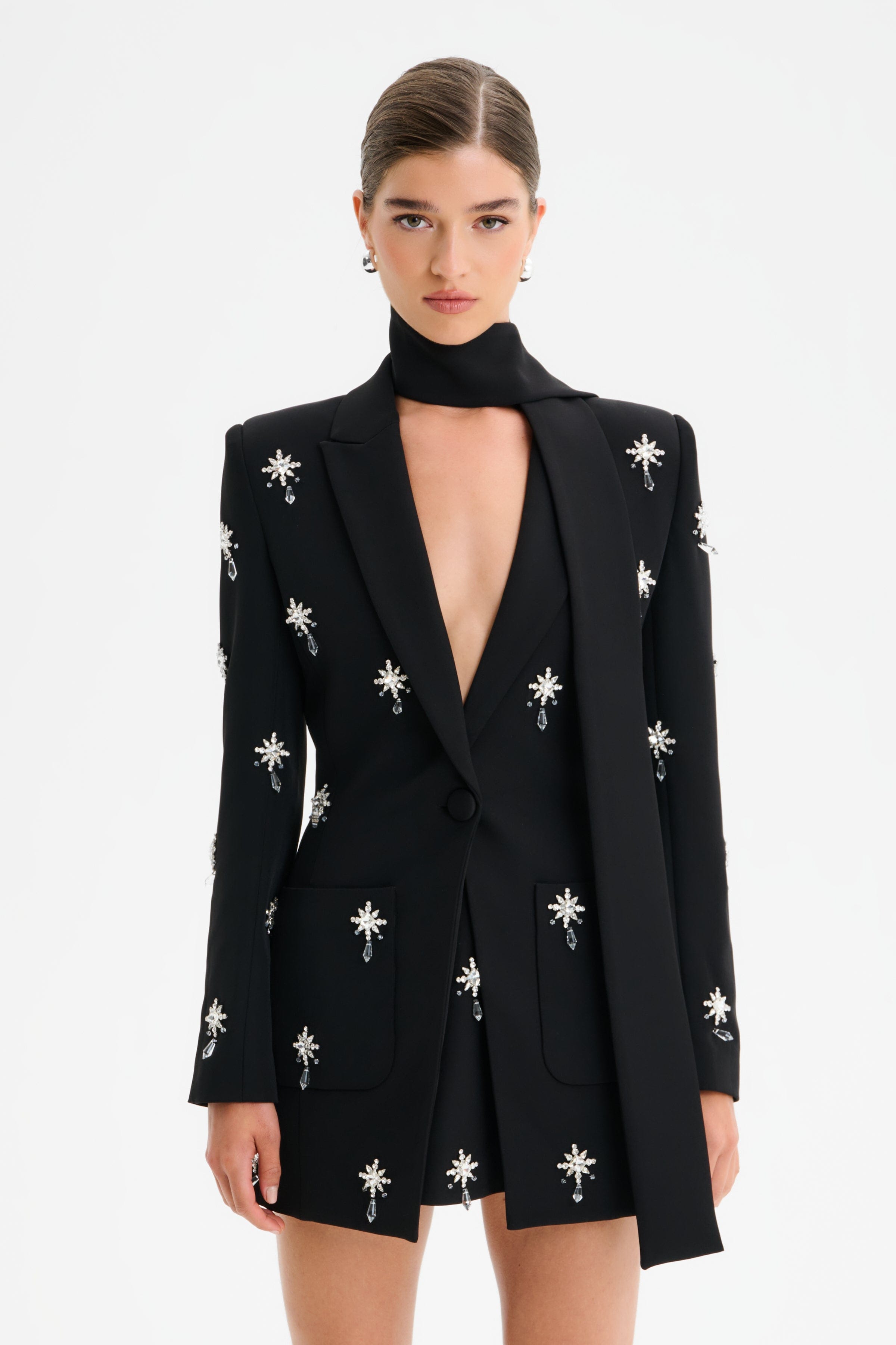ARIA Jewel Embellished Tailored Jacket with Scarf in Black