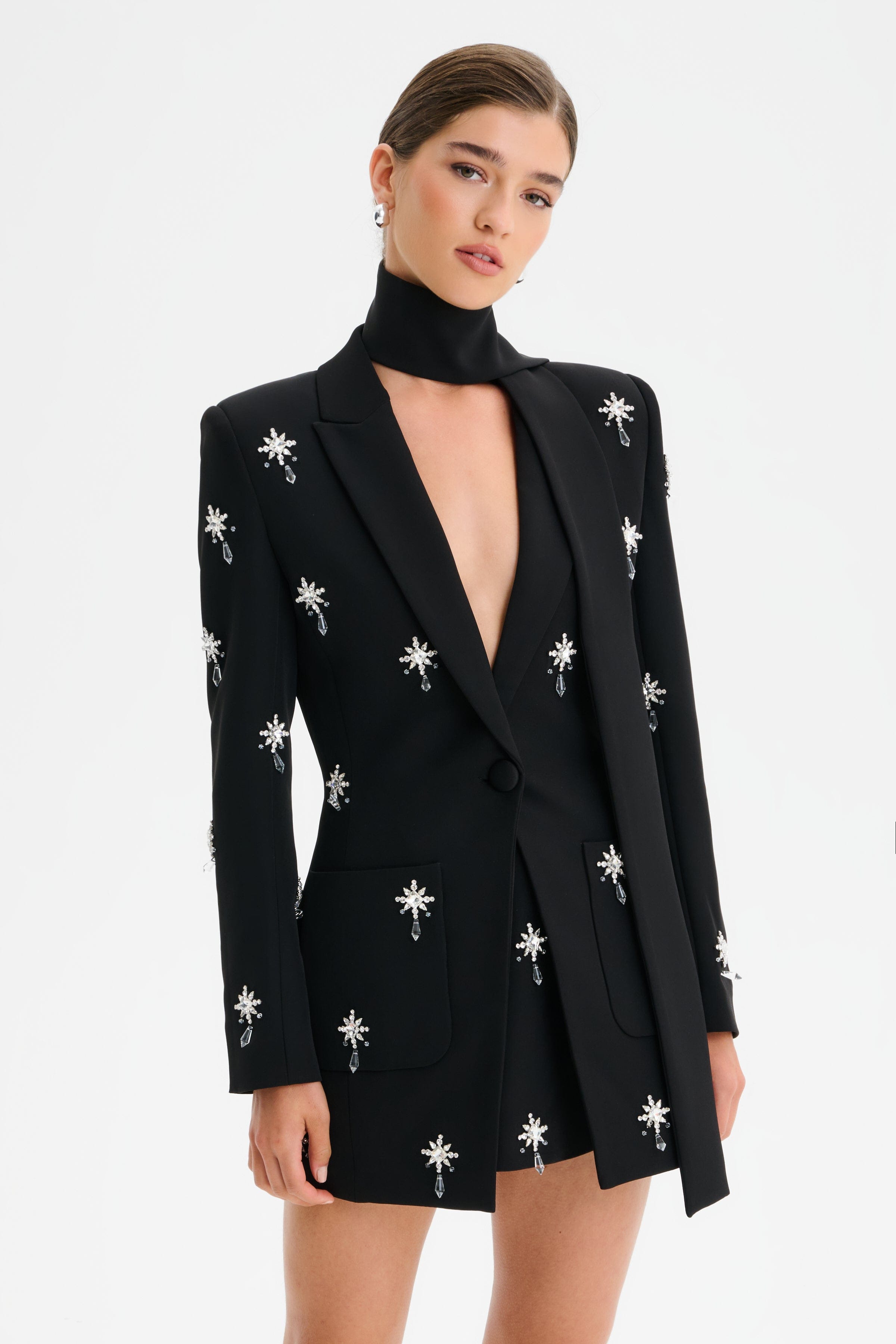 ARIA Jewel Embellished Tailored Jacket with Scarf in Black