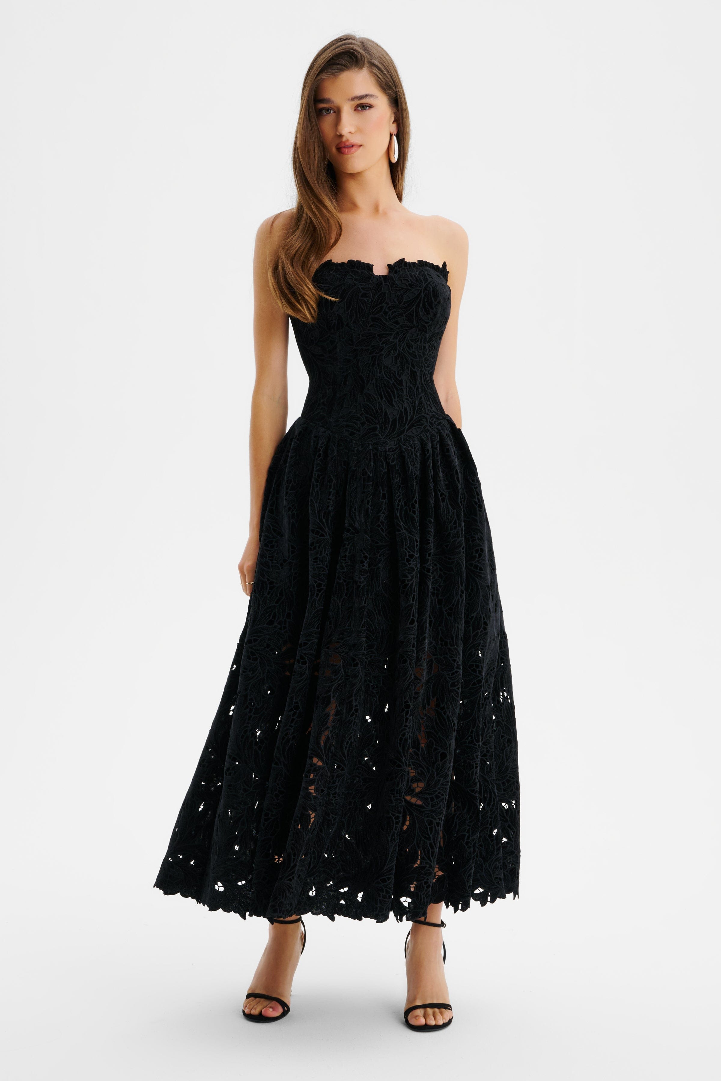 ARABELLA Velvet Guipure Lace Strapless Midi Dress In Black