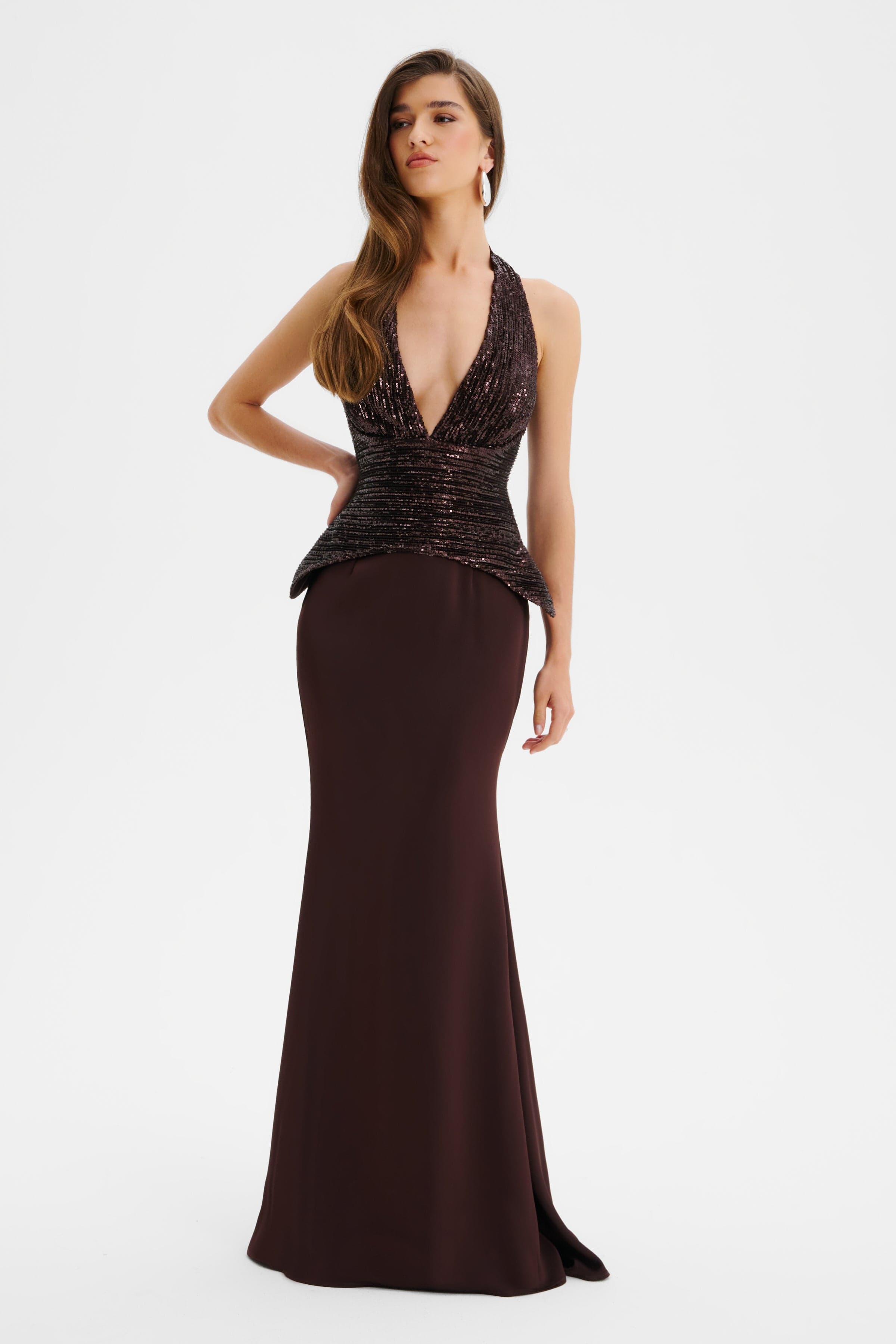 LUCIENNE Pleated Sequin Hourglass Corset Maxi Dress In Brown