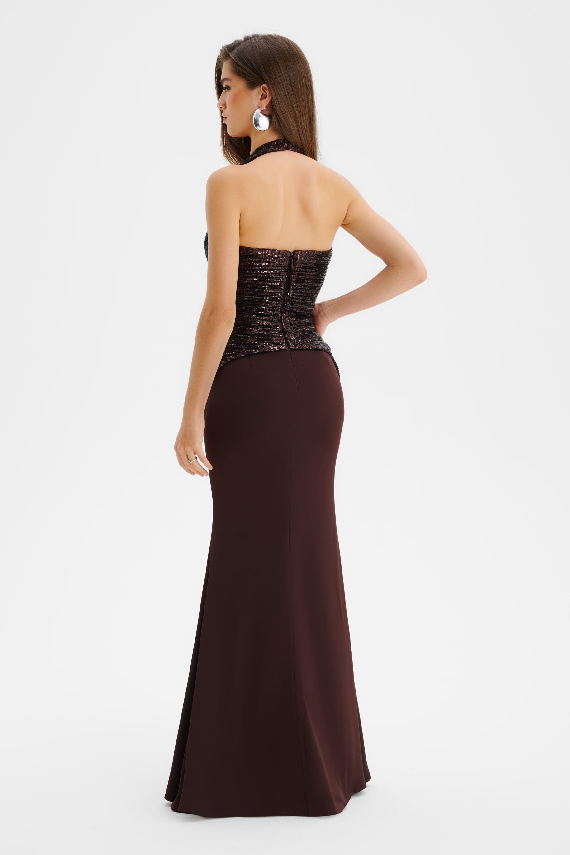 LUCIENNE Pleated Sequin Hourglass Corset Maxi Dress In Brown