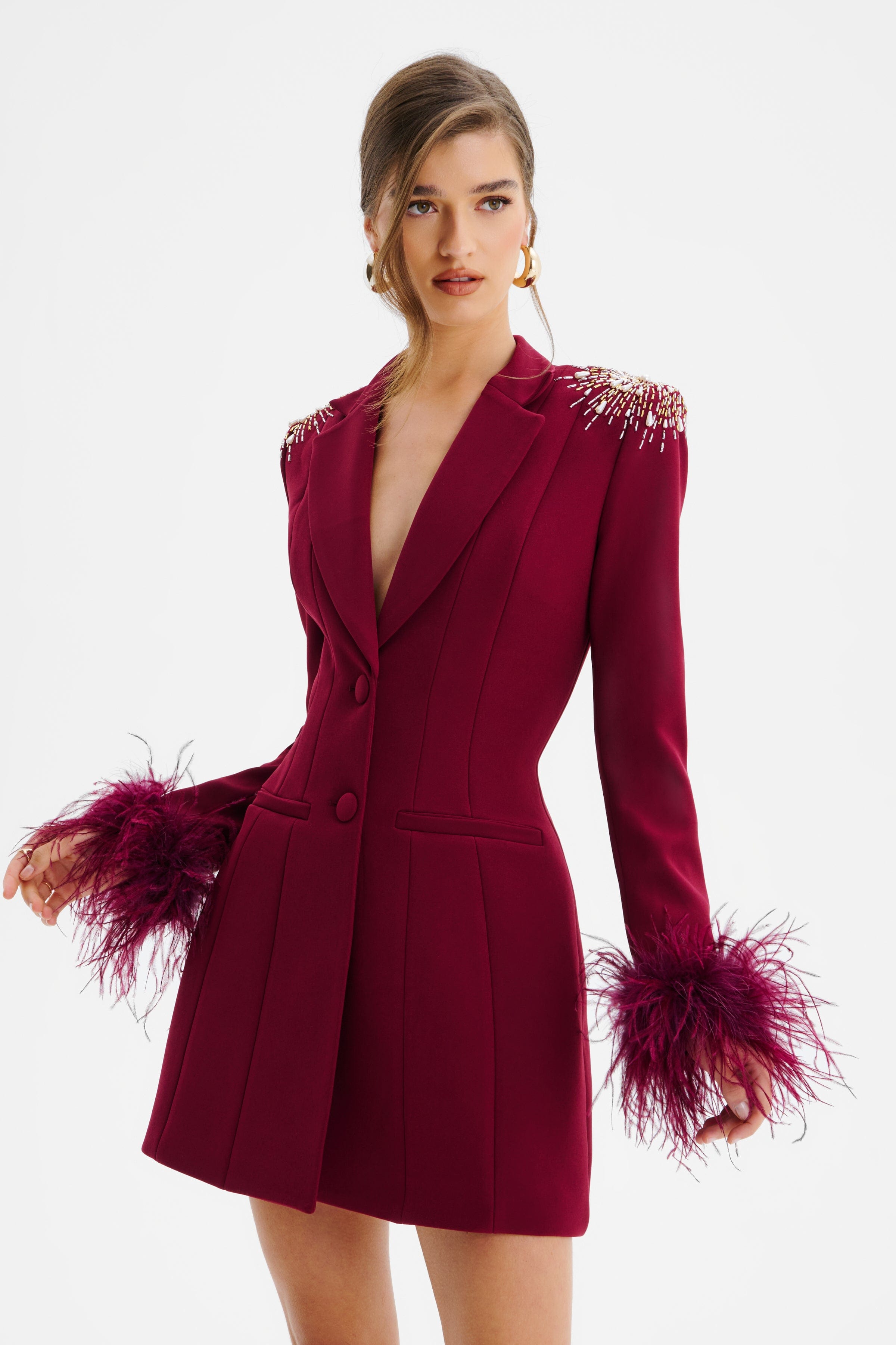 SABRINA Star Hand Embellished Blazer Dress With Feather Cuffs In Burgundy