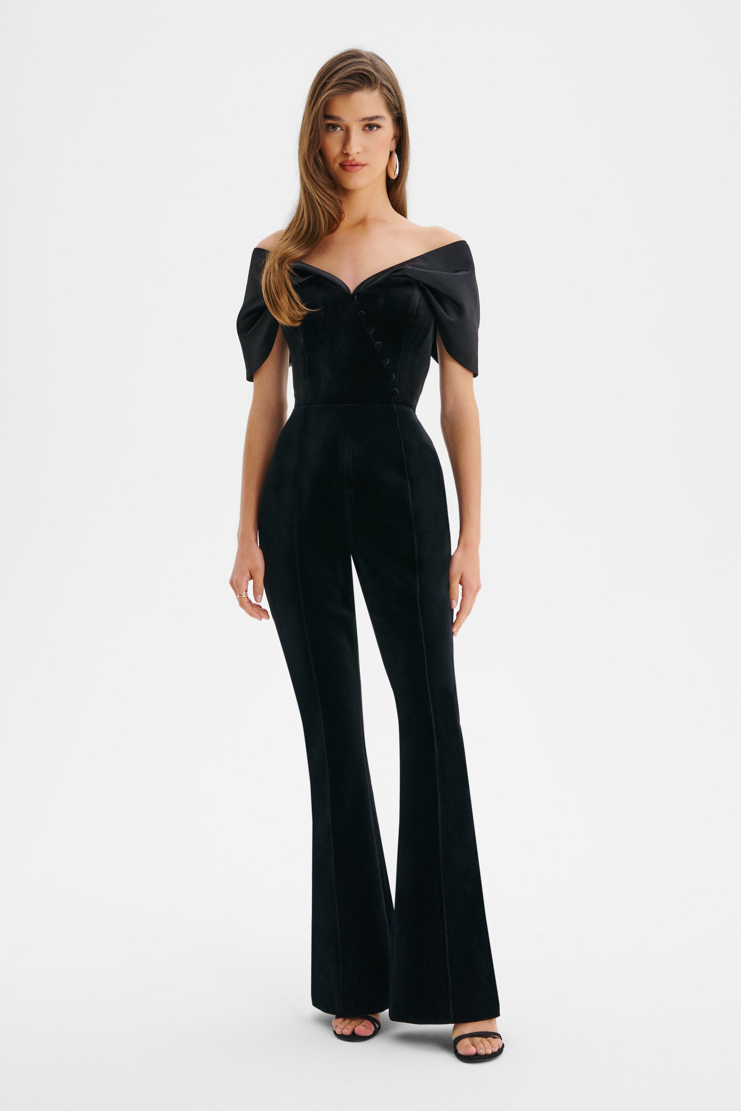 ANTONIA Velvet Satin Mix Bardot Jumpsuit In Black