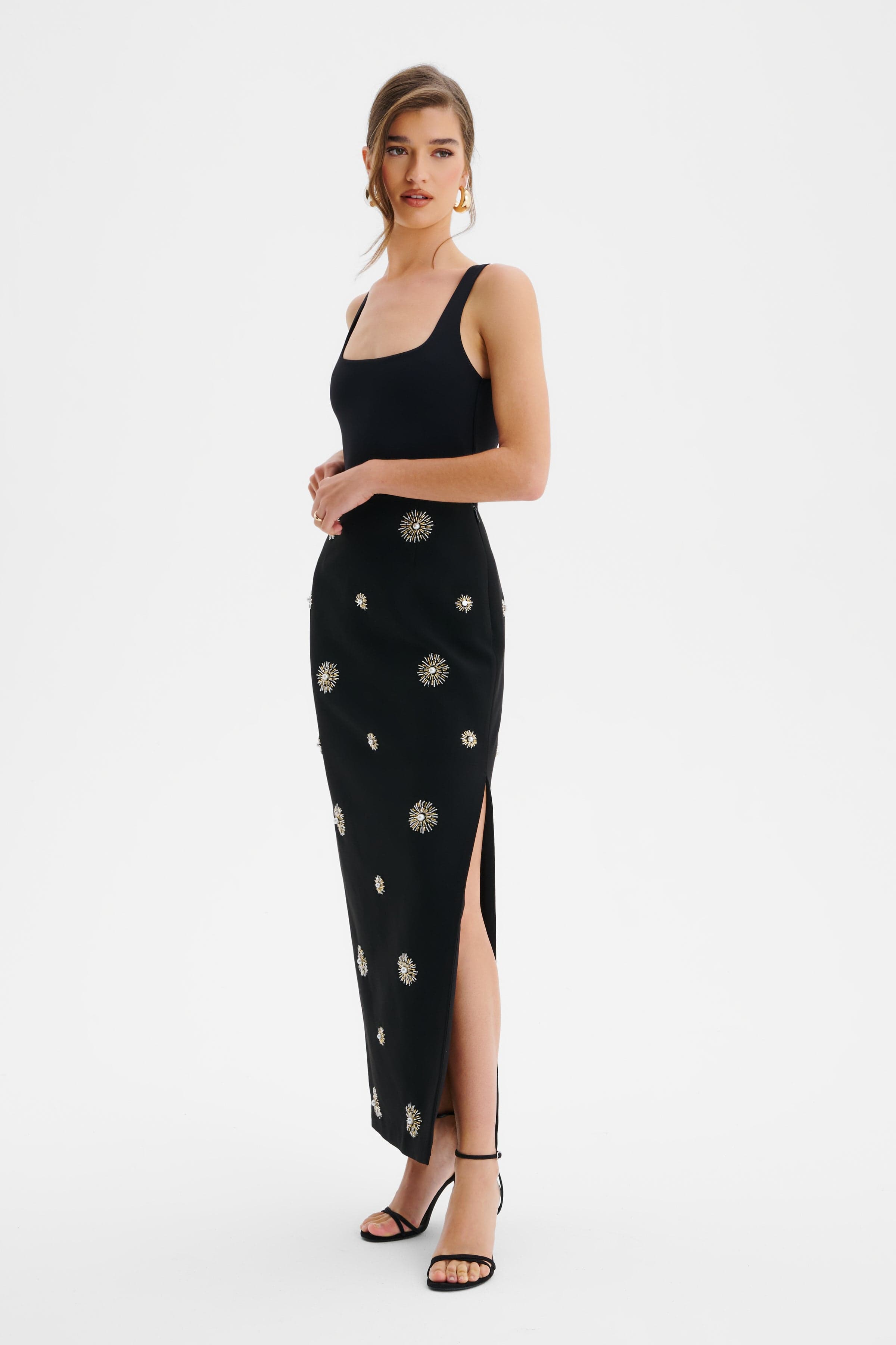 MARCELLA Star Hand Embellished Maxi Skirt In Black