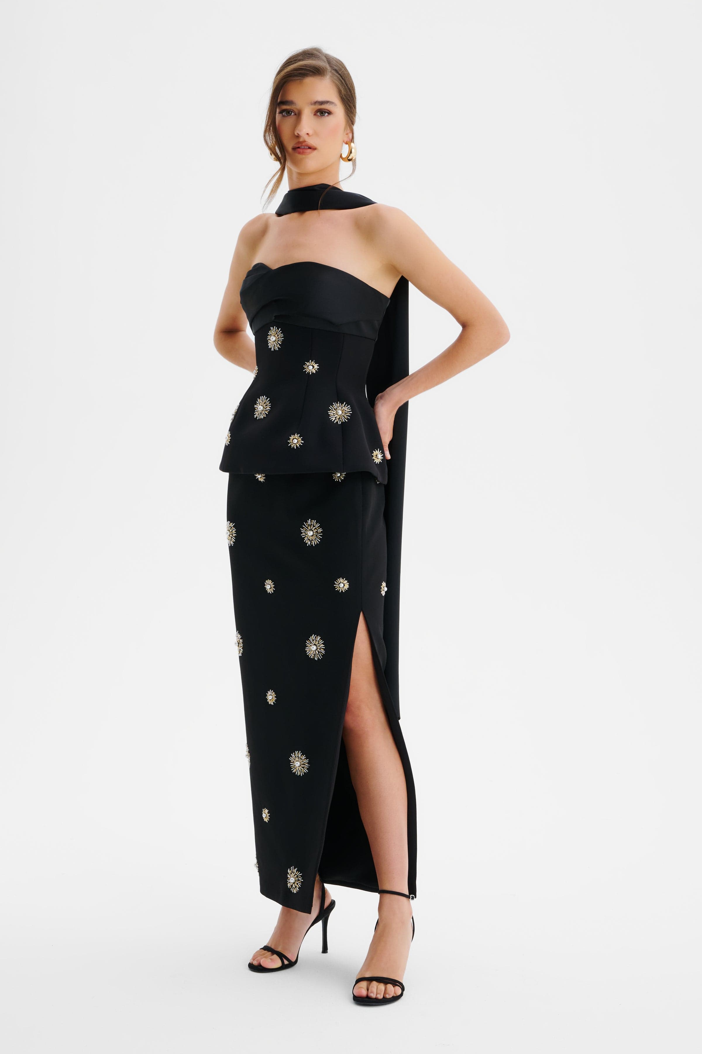 IVY Star Embellished Bandeau Corset Top With Scarf In Black