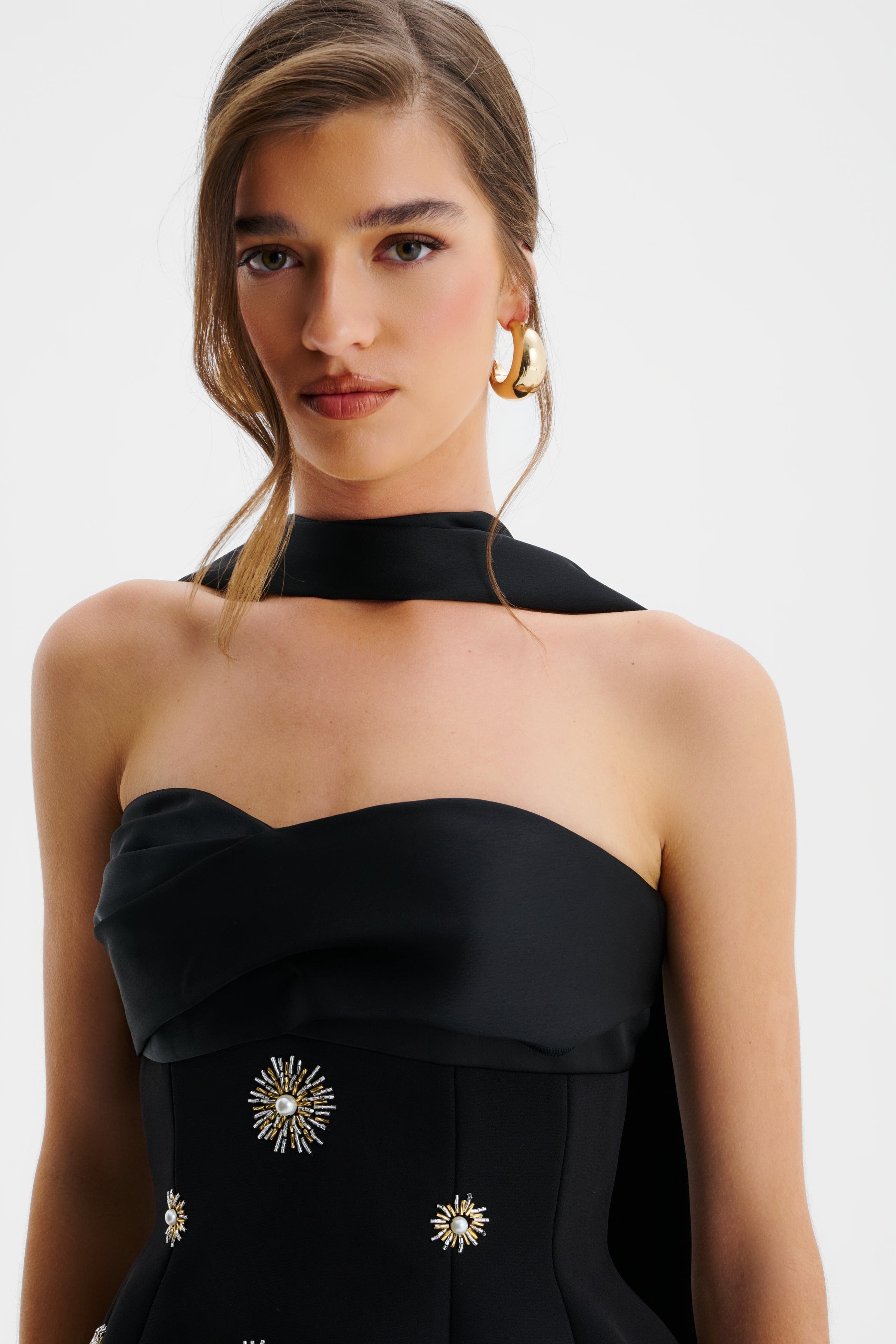 IVY Star Embellished Bandeau Corset Top With Scarf In Black